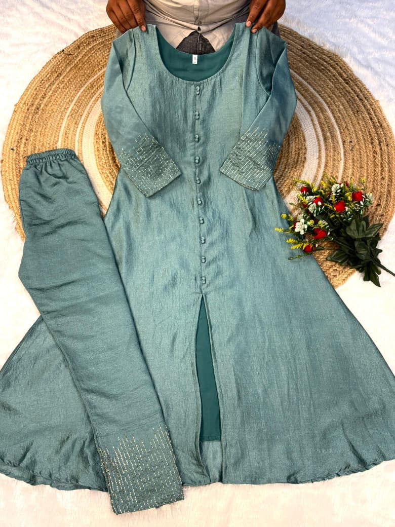 A-line kurta set with beautiful sleeve and pant handwork