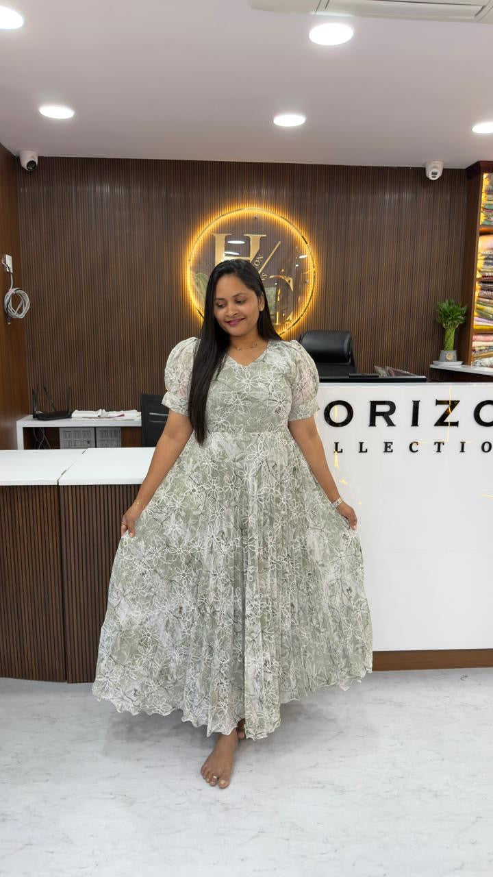 Georgette frocks with full flare and embroidery all over the dress