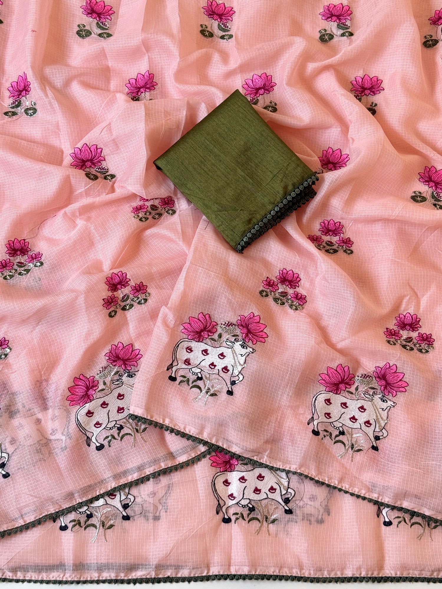 Light Weight Kota Chex Fabric With Beautiful Multi Color Embroidery Work