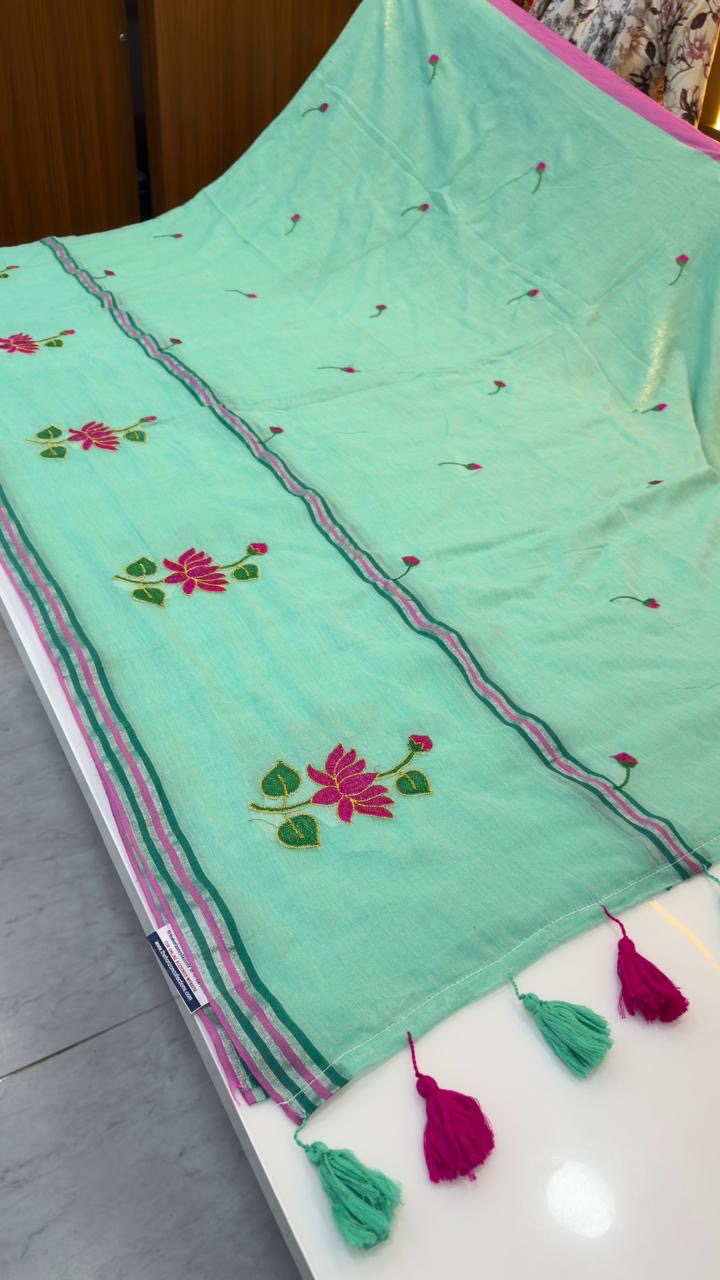 Mul cotton with thread embroidery sarees