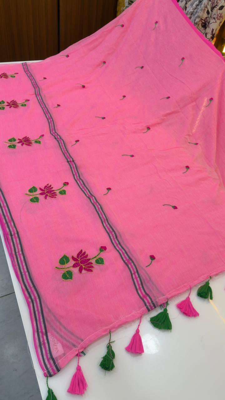 Mul cotton with thread embroidery sarees