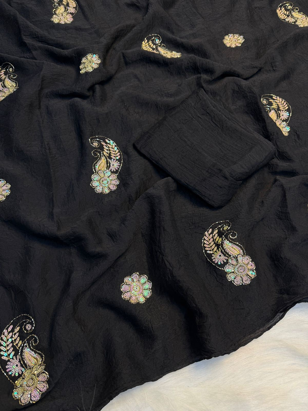 Soft crush silk embroidery and cut Dana work saree with plain running blouse(Non-Store)