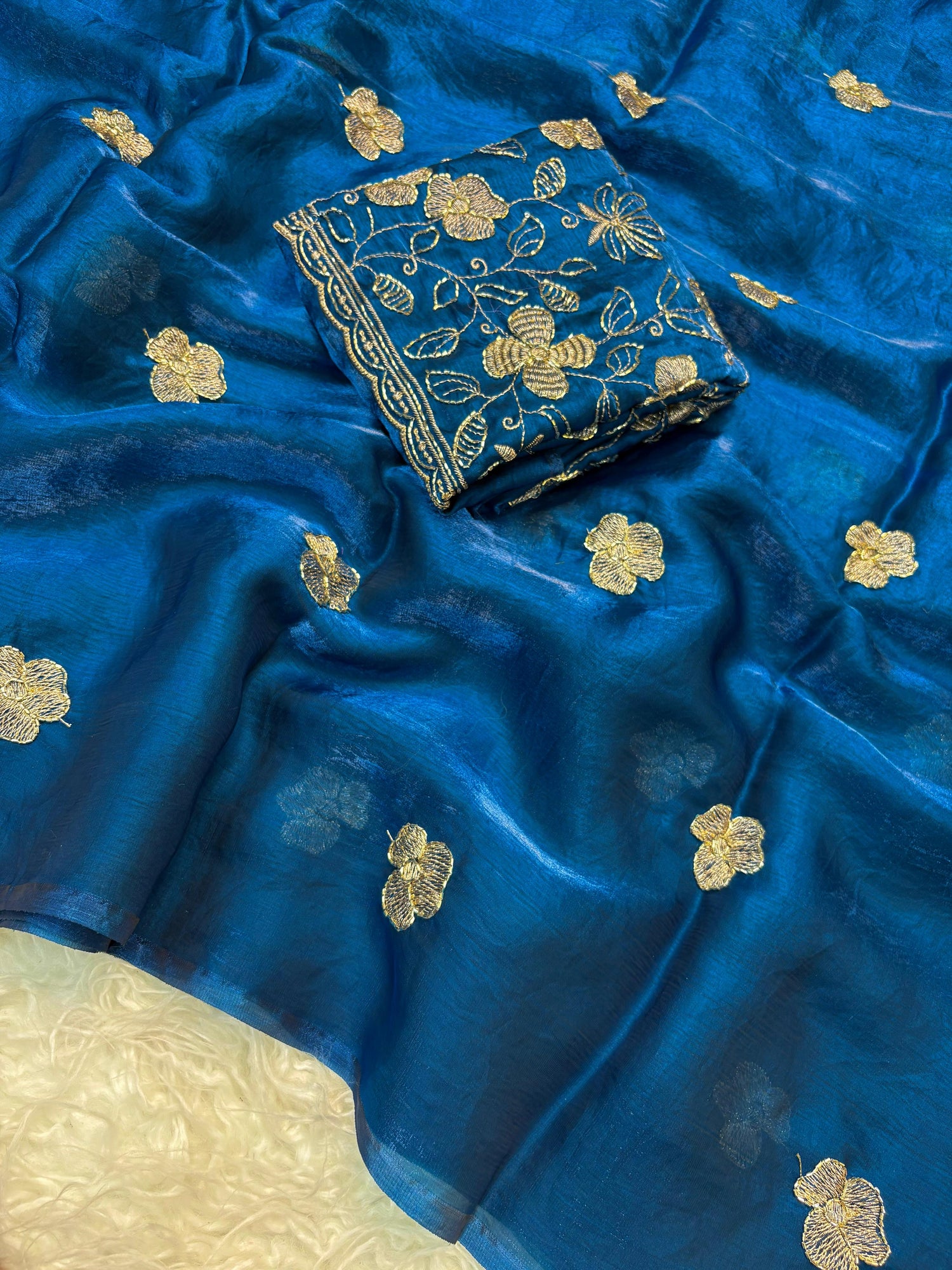 Two tone space silk fabric with designer blouse with handwork