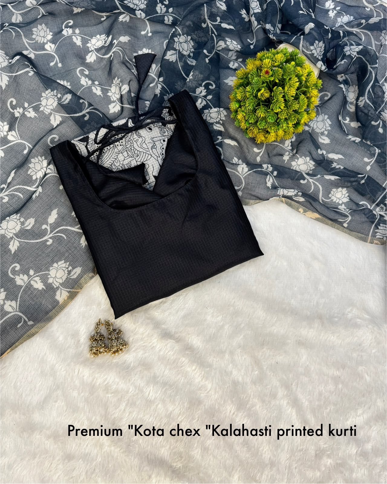 Kalamkari khalahasti kota chex kurti with kalamkari dupatta(NON-STORE)