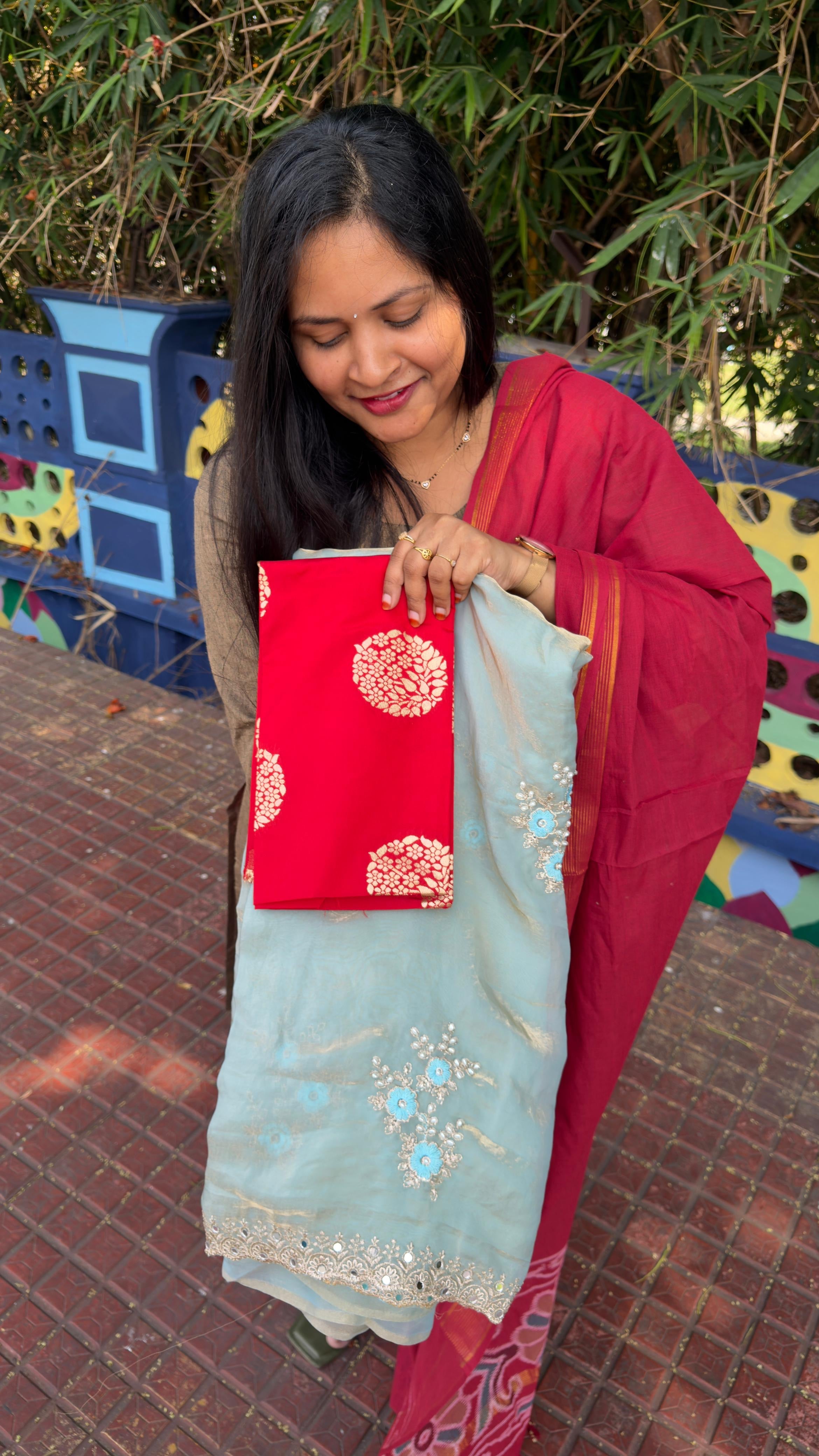 Glass tissue sarees with contrast Banarasi blouse