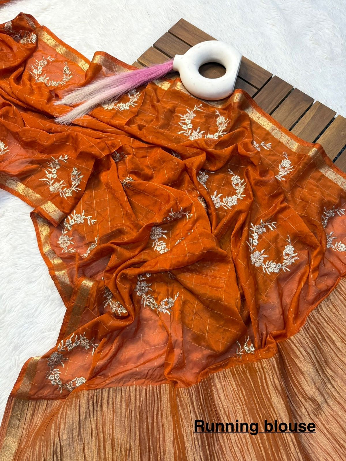 Pure chinnon Viscose Chex embroidery Squence Saree With viscose butti blouse