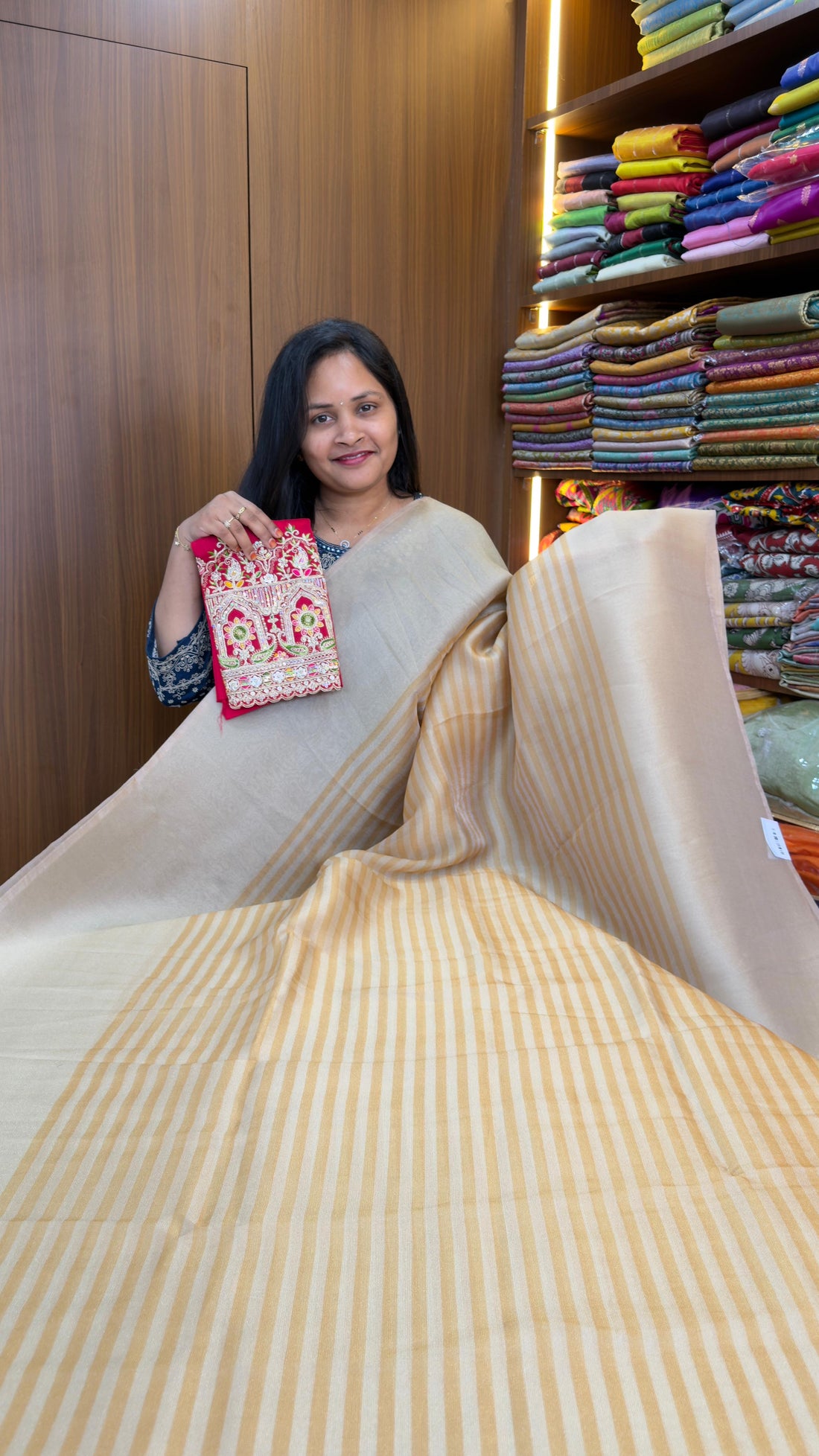 Gold &amp; Silver soft tissue saree with embroidery work blouse