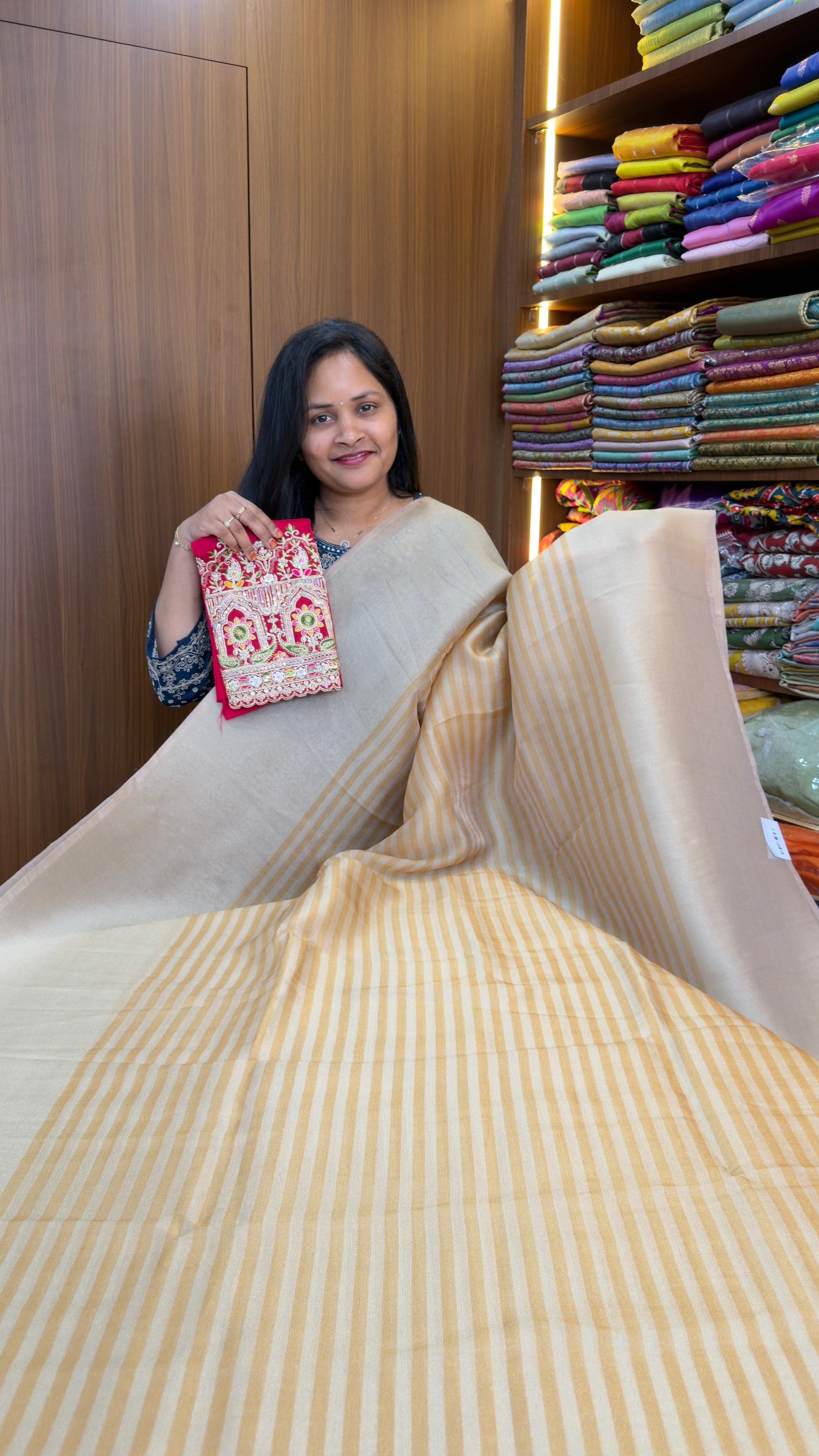 Gold &amp; Silver soft tissue saree with embroidery work blouse