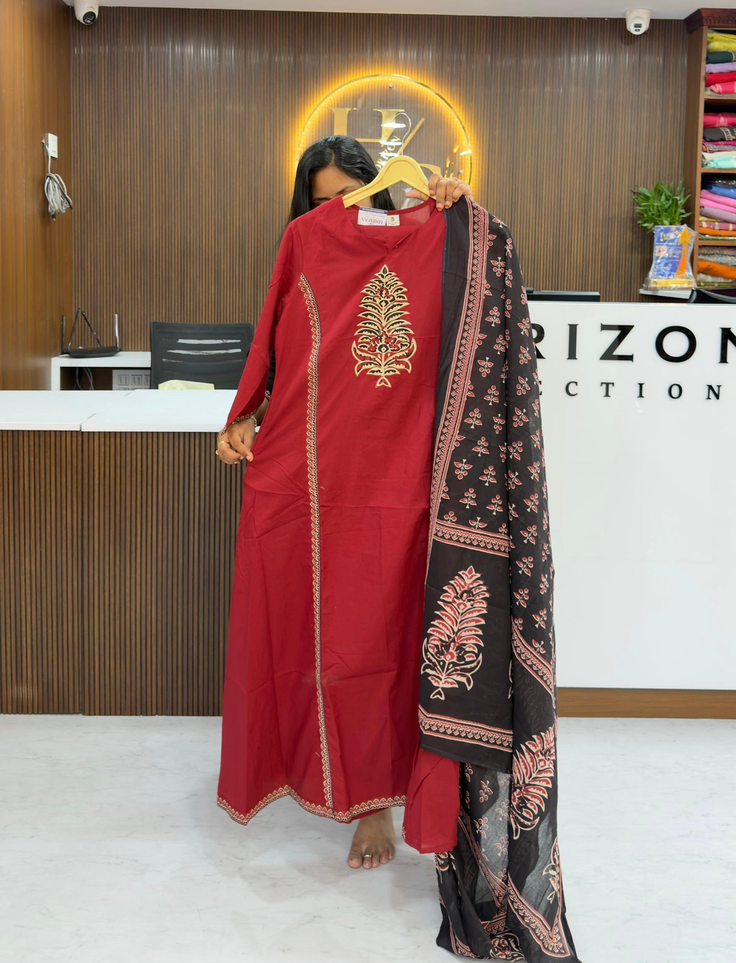 Cotton three piece set in ajrakh desgin