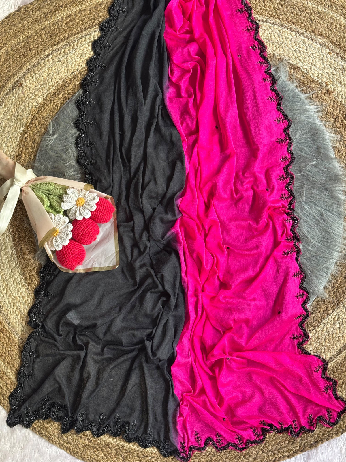 Soft Viscose Chinnon Saree With Beautiful Handwork(NON-STORE)