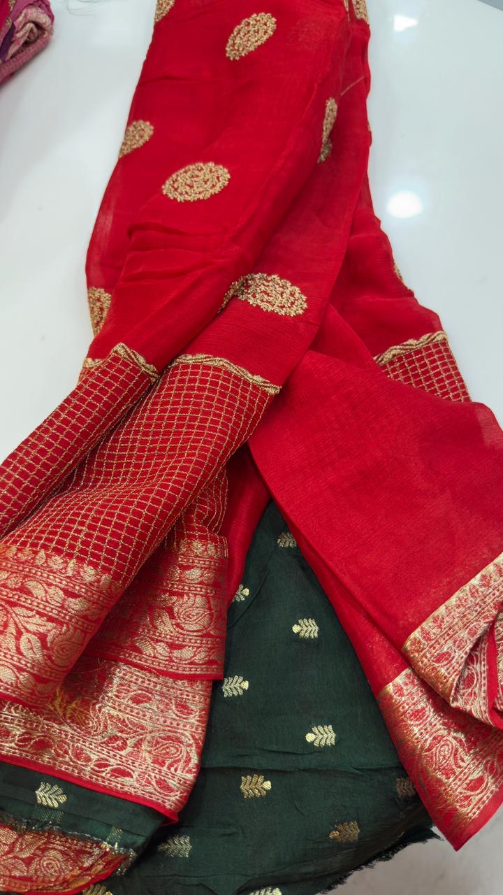 Pure Banarasi chiffon sarees with zari thread embroidery