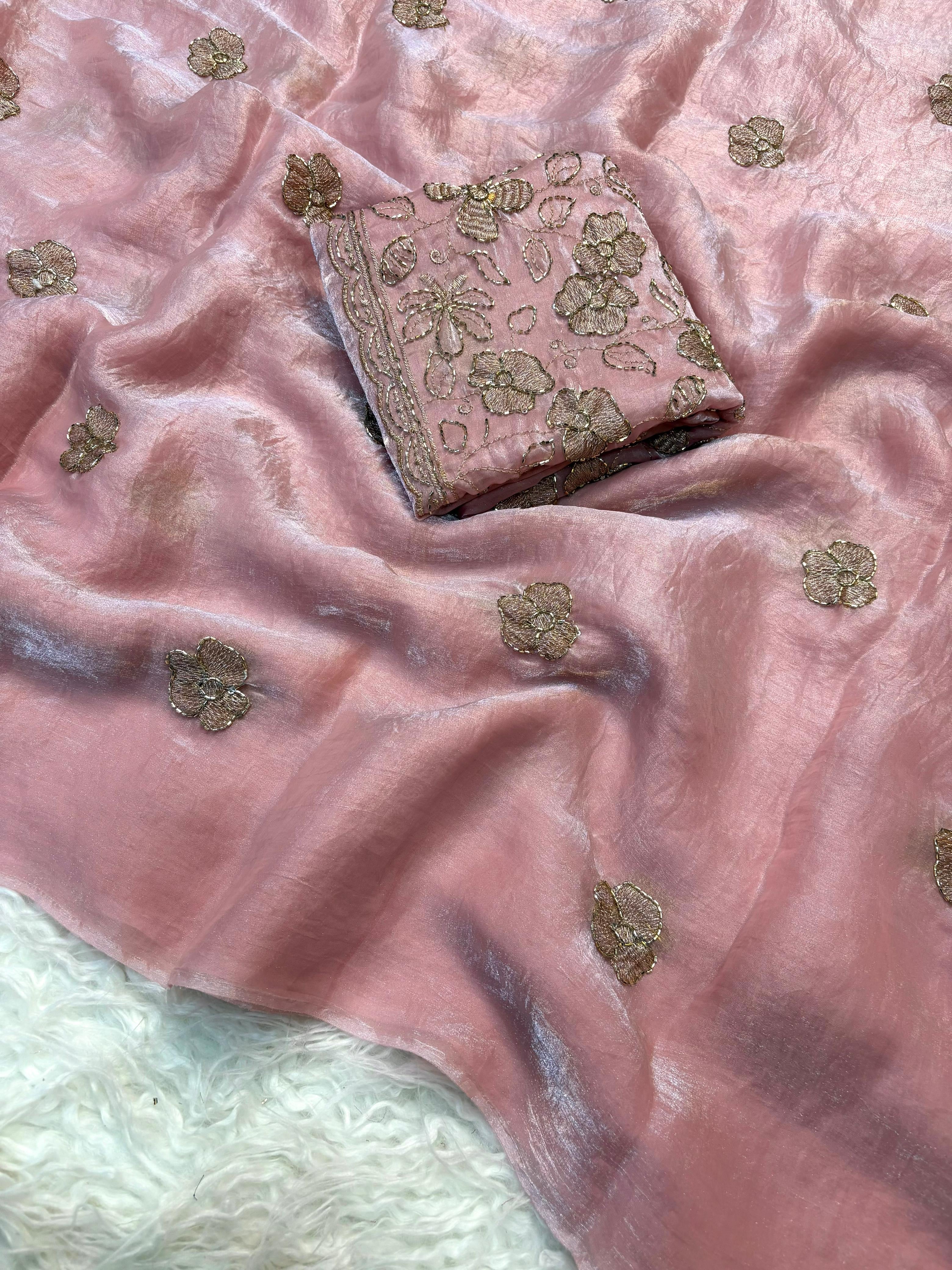 Two tone space silk fabric with designer blouse with handwork