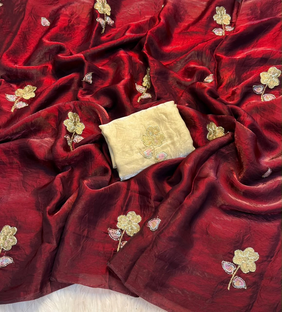 Space Silk Saree With Fancy Bhungali work &amp; Multi Color Sequince Embroderiy Work