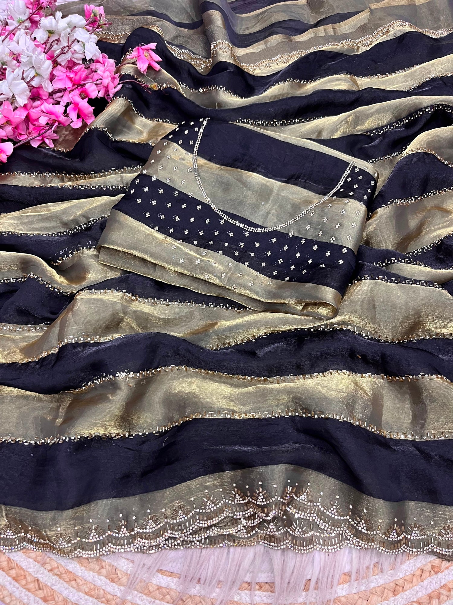 Space soft Silk Blooming With Beautiful jarkhan Work With Siroski Work(NON-STORE)