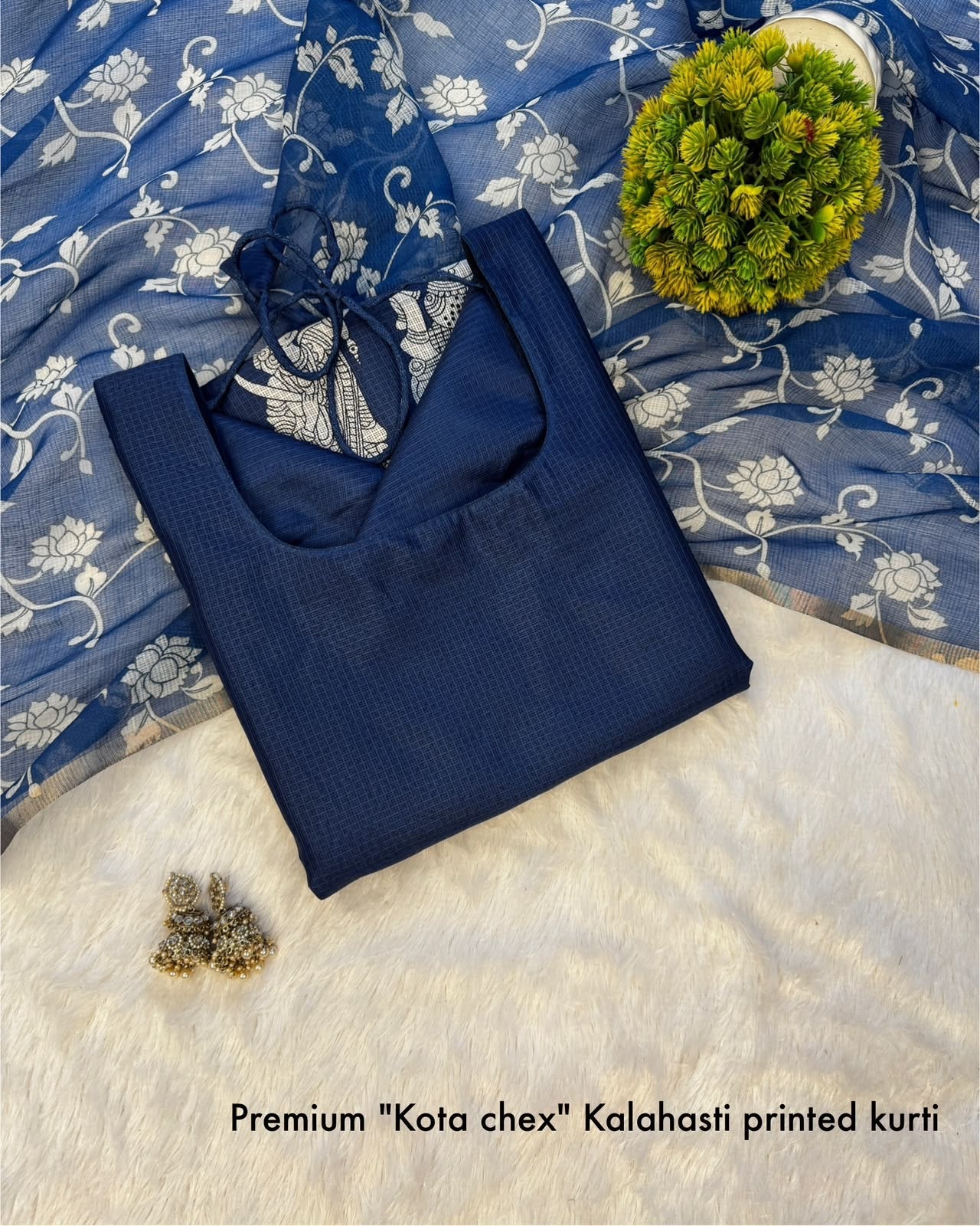 Kalamkari khalahasti kota chex kurti with kalamkari dupatta(NON-STORE)