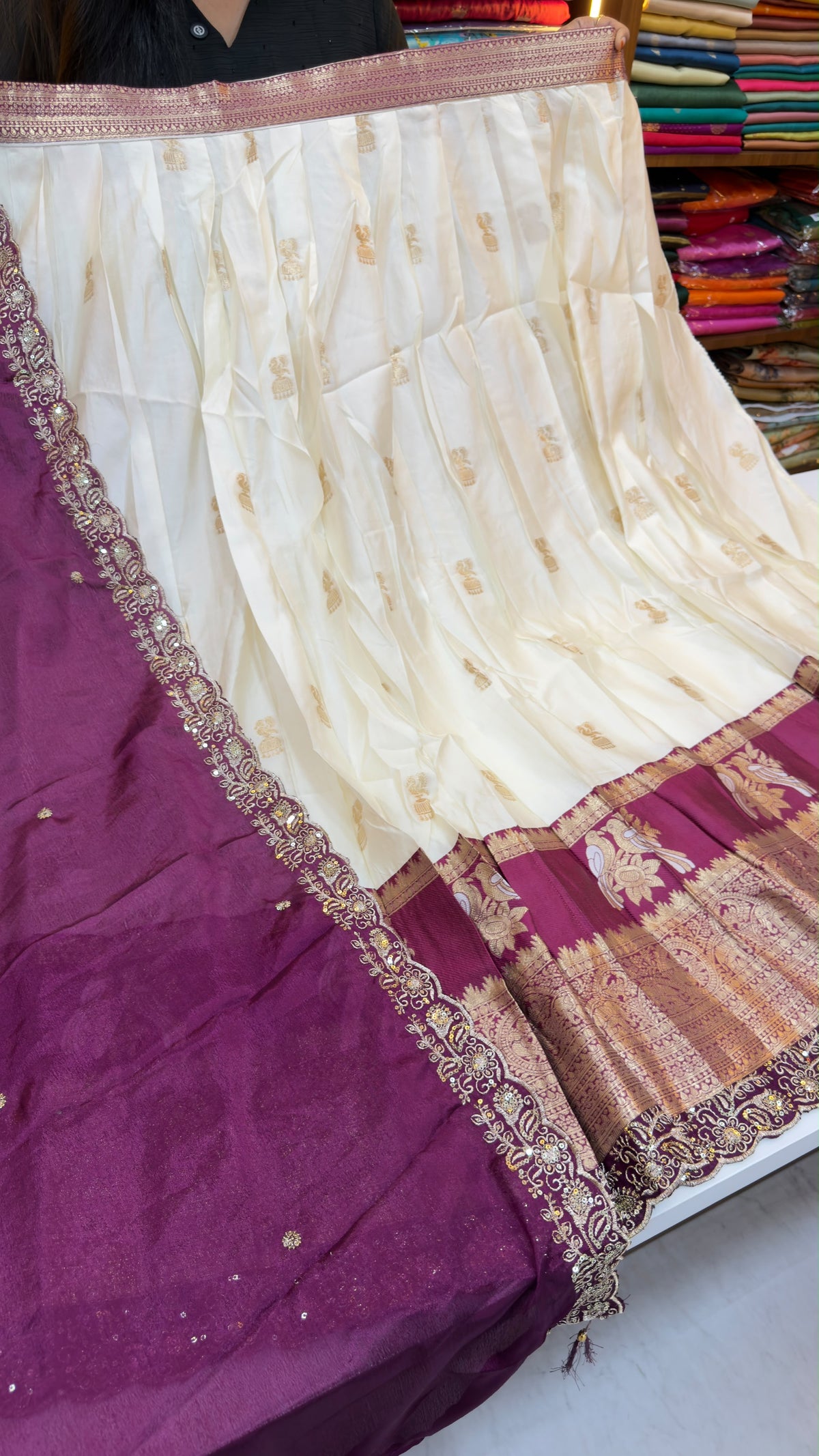 Cream Pattu Lehenga