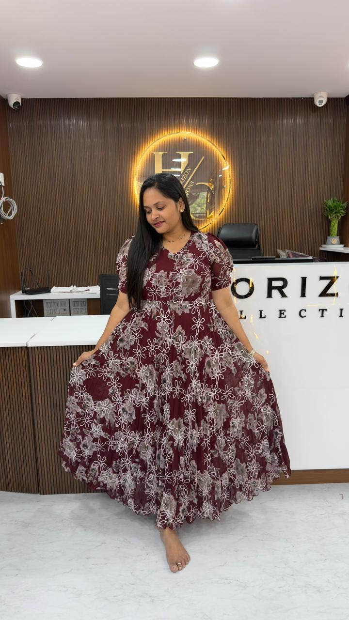 Georgette frocks with full flare and embroidery all over the dress