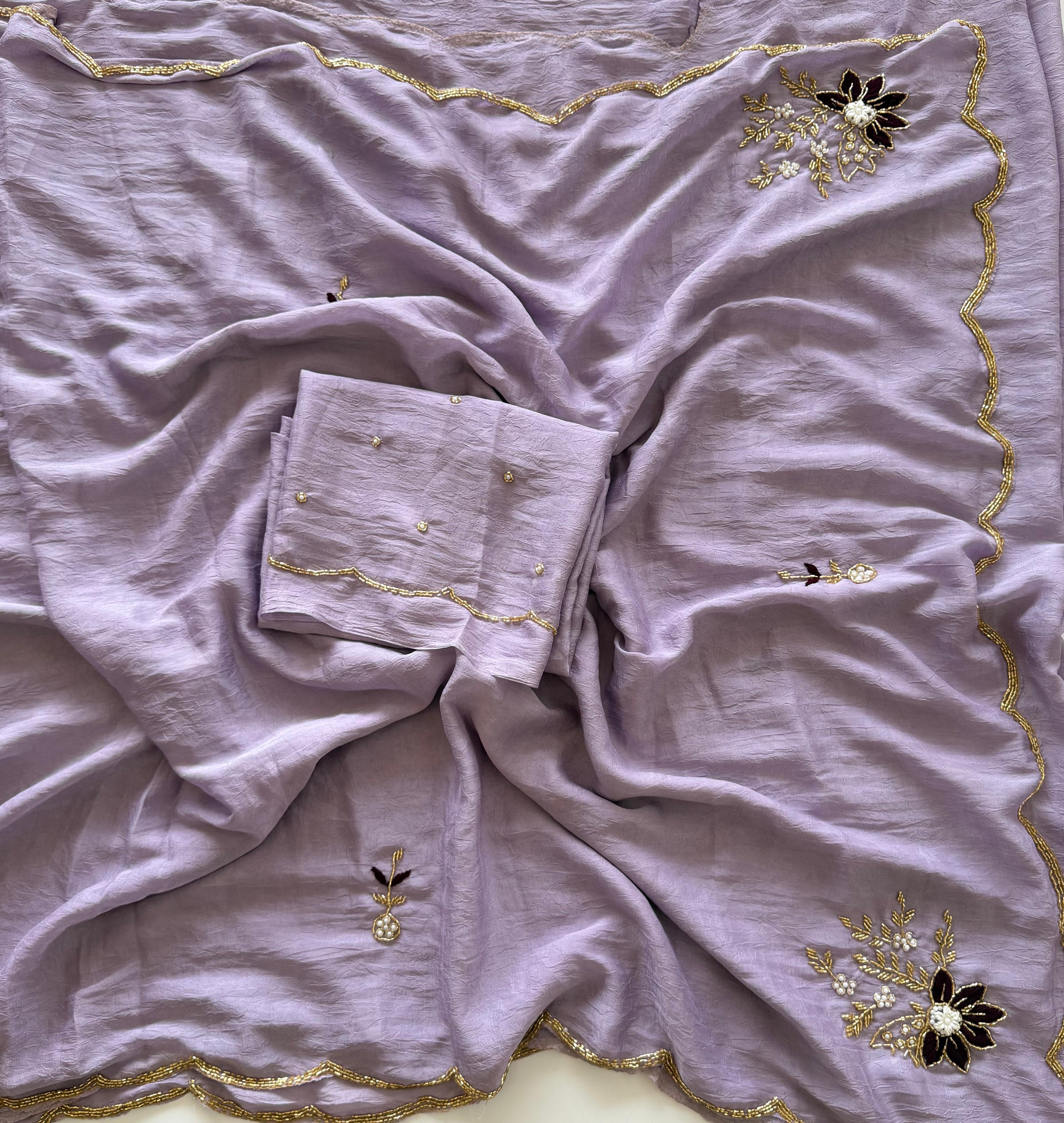 Soft crush rangoli saree with beautiful handwork all over and running blouse with handwork(NON-STORE)