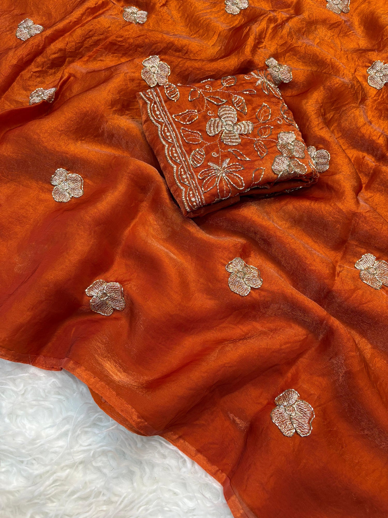 Two tone space silk fabric with designer blouse with handwork