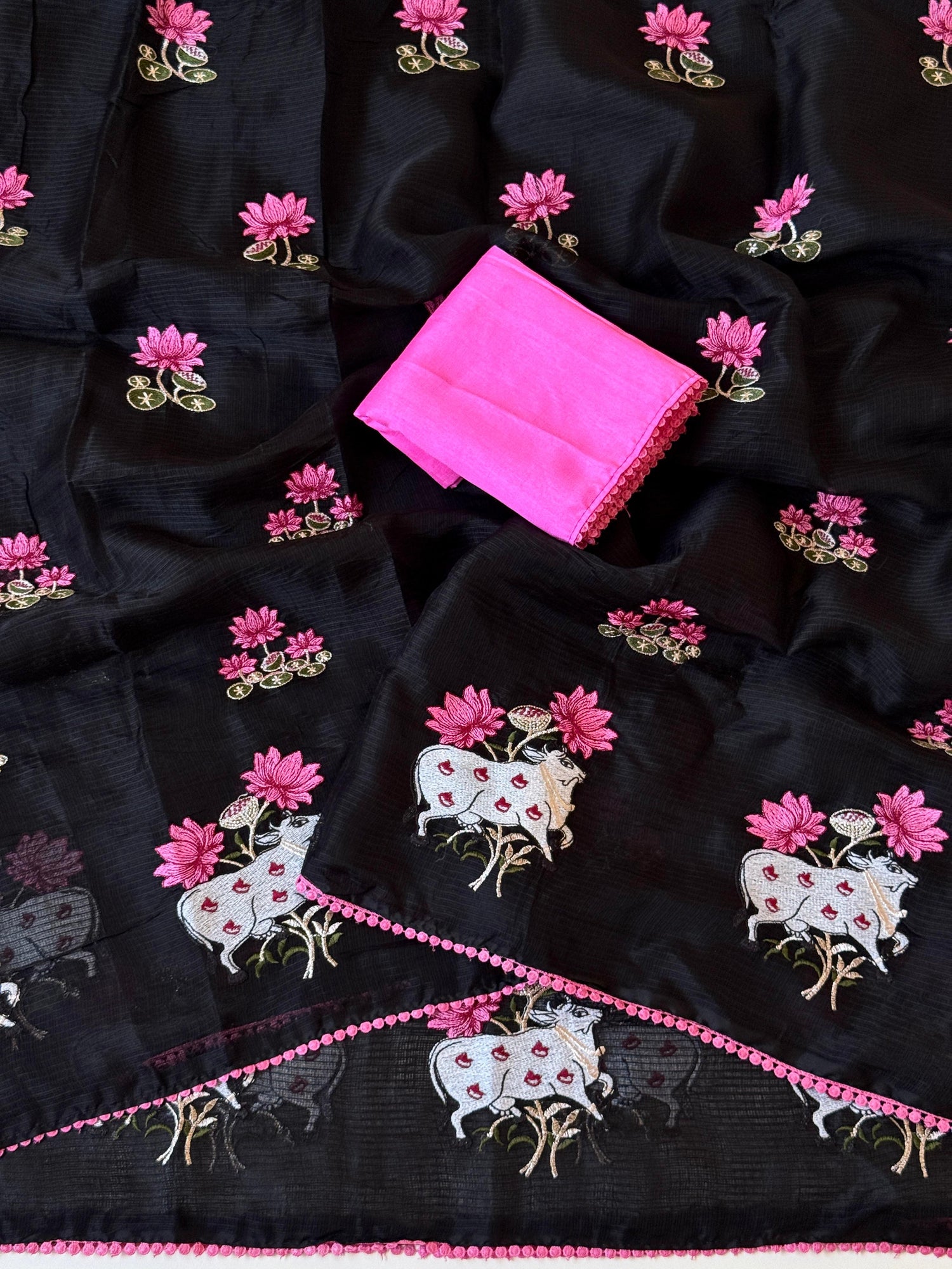 Light Weight Kota Chex Fabric With Beautiful Multi Color Embroidery Work