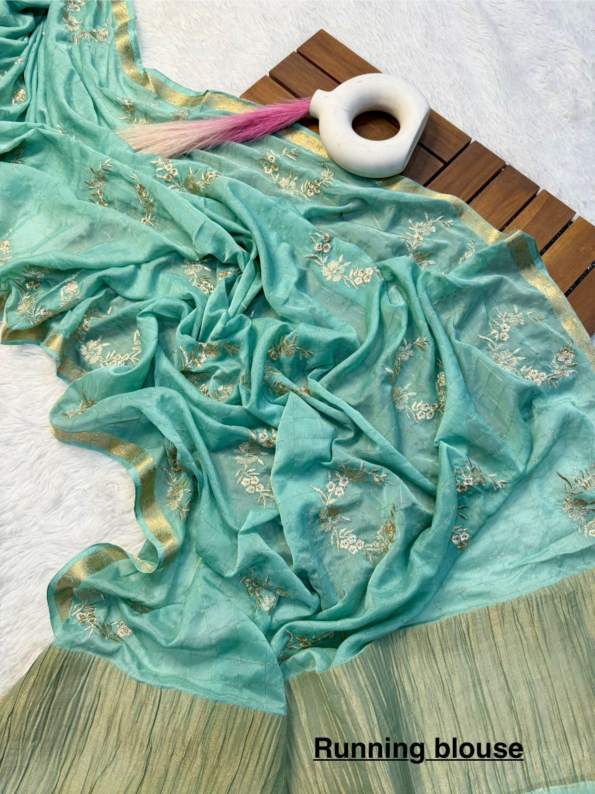 Pure chinnon Viscose Chex embroidery Squence Saree With viscose butti blouse