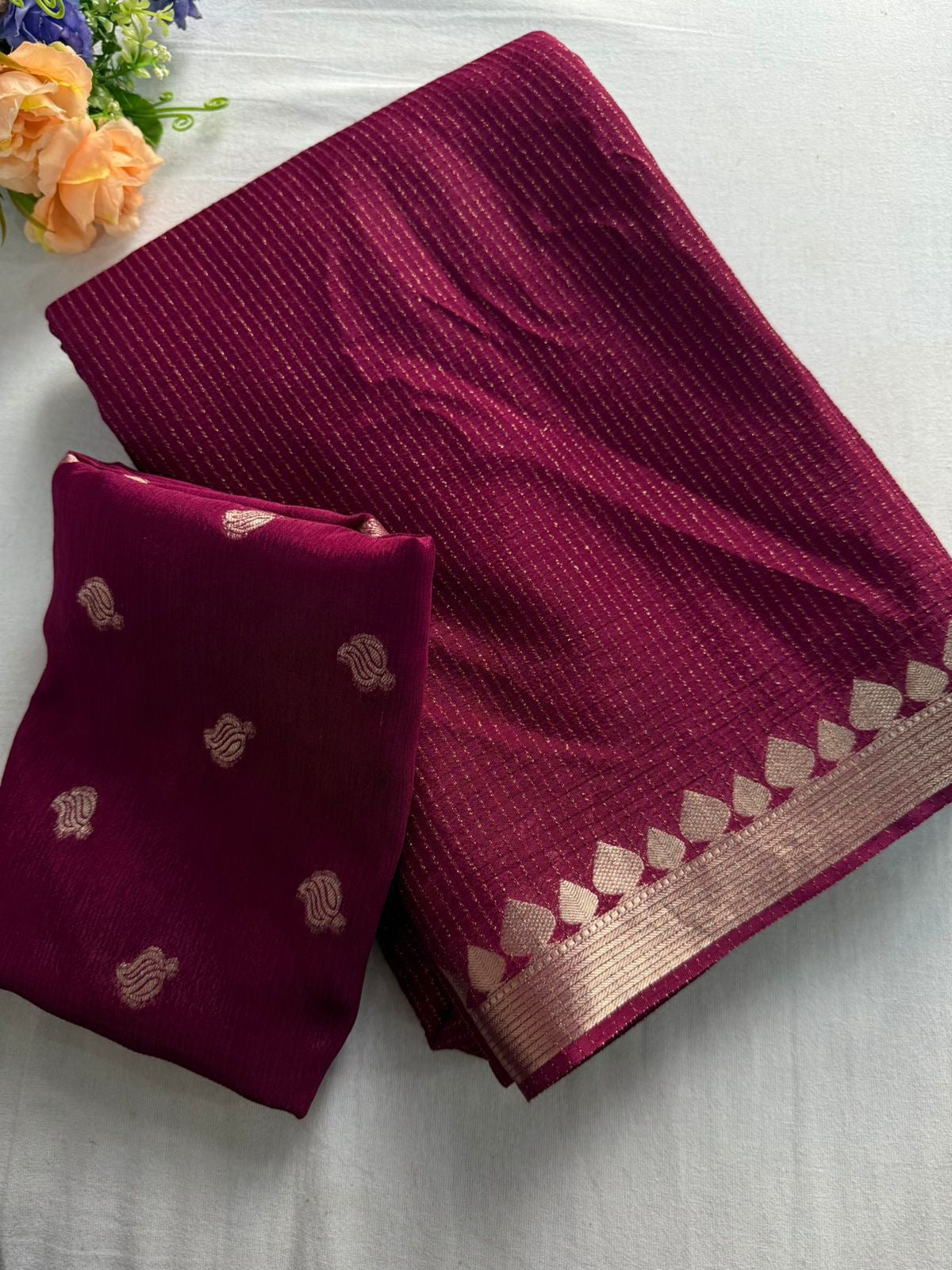Pure Chinon Viscose Saree With Pure Chinon Viscose Blouse