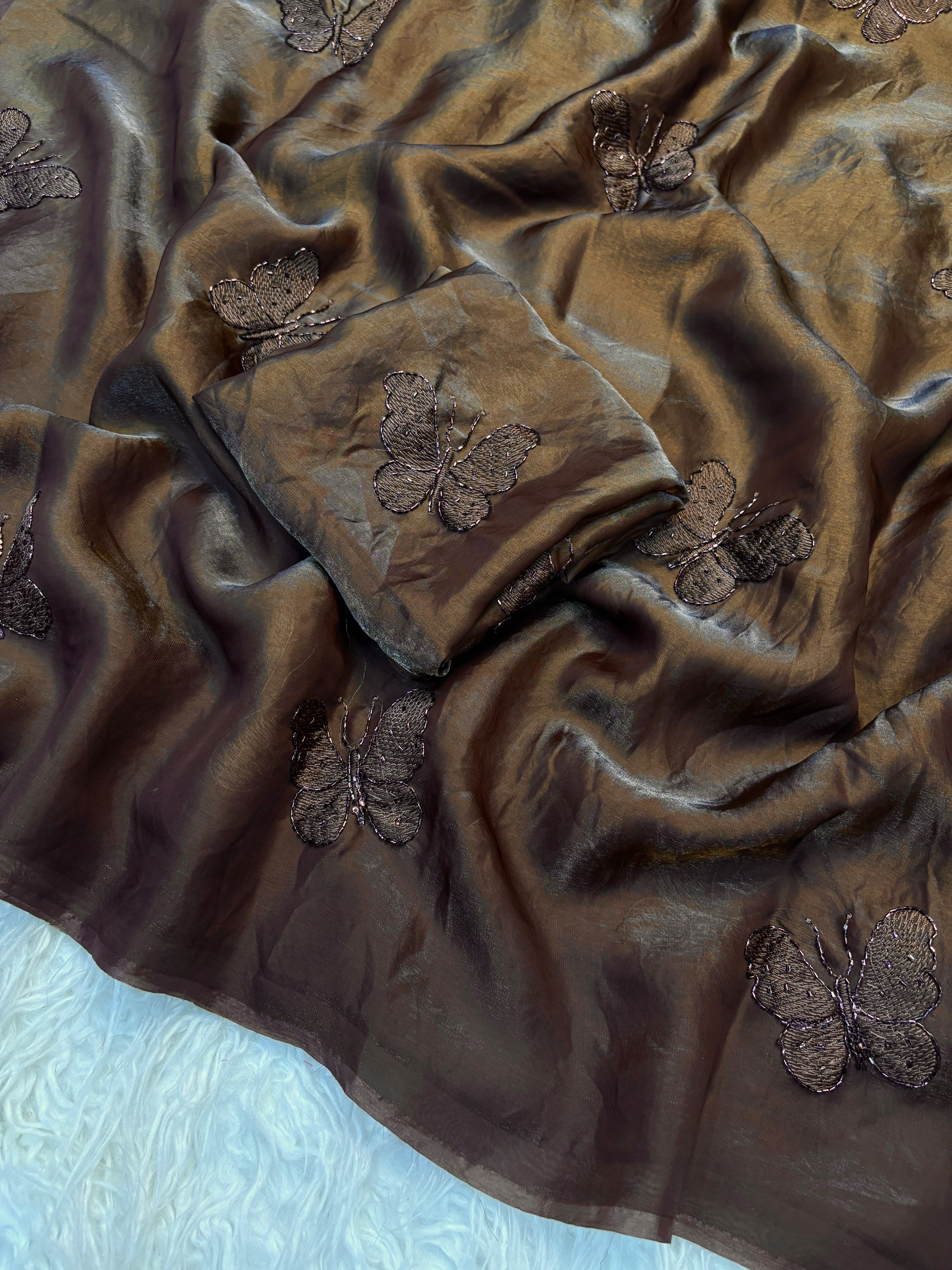 Two tone fendy satin Dark coffee macha color with beautiful handwork beads butterfly(NON-STORE)