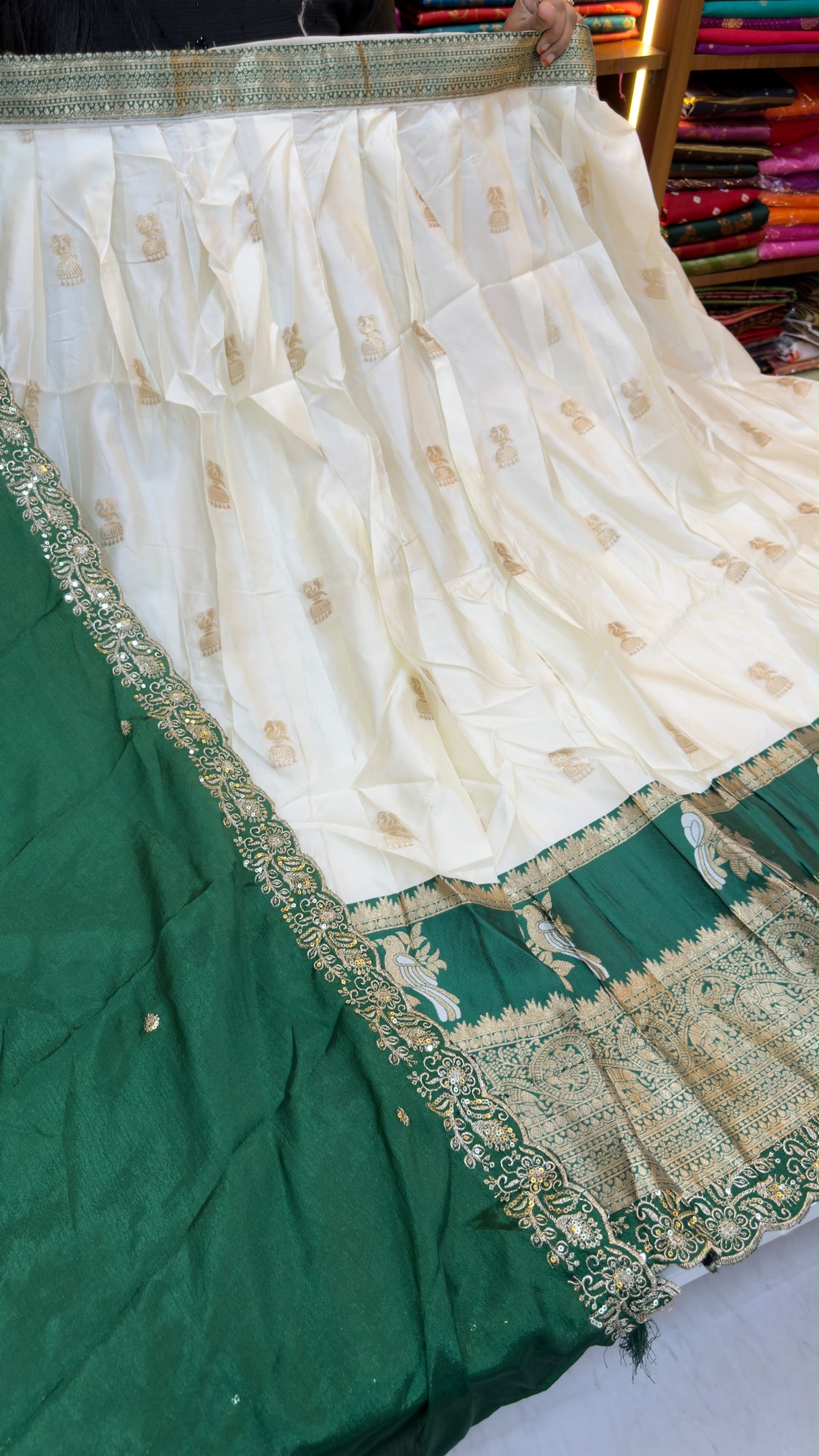 Cream Pattu Lehenga
