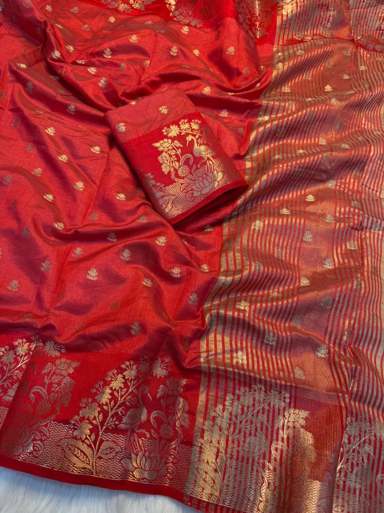 Soft Tusser silk saree with Chit Pallu Saree With Running Blouse