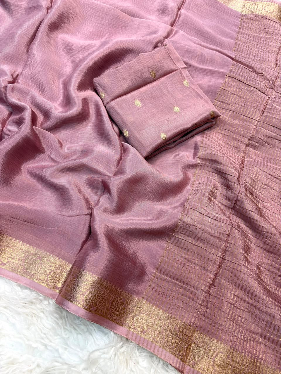 Pure viscose chinnon saree with trending jacquard border with pure viscose chinnon blouse(NON-STORE)