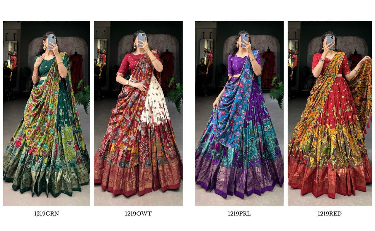 Dola silk lehenga with Kalamkari deagin