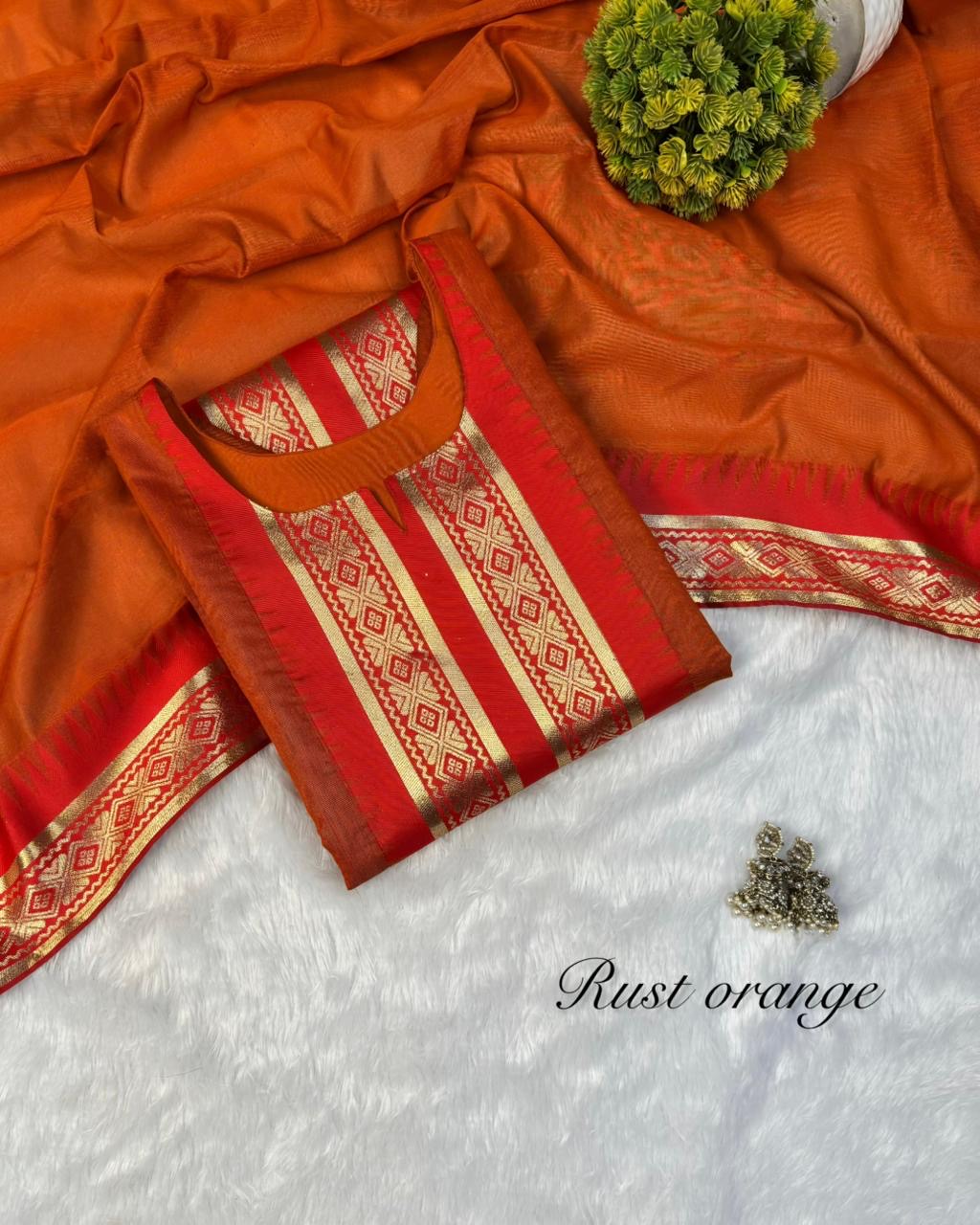 pure silk cotton Kurti set with zari kanchi border work and beautiful contrast zari weaving dupatta