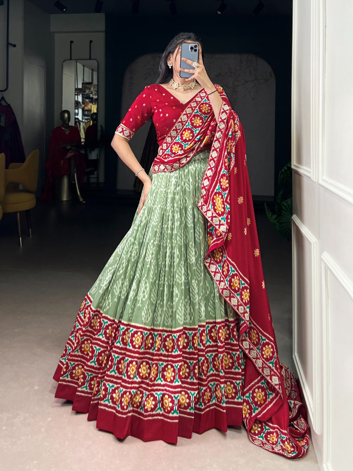Tasar Lehenga in Ikkat print