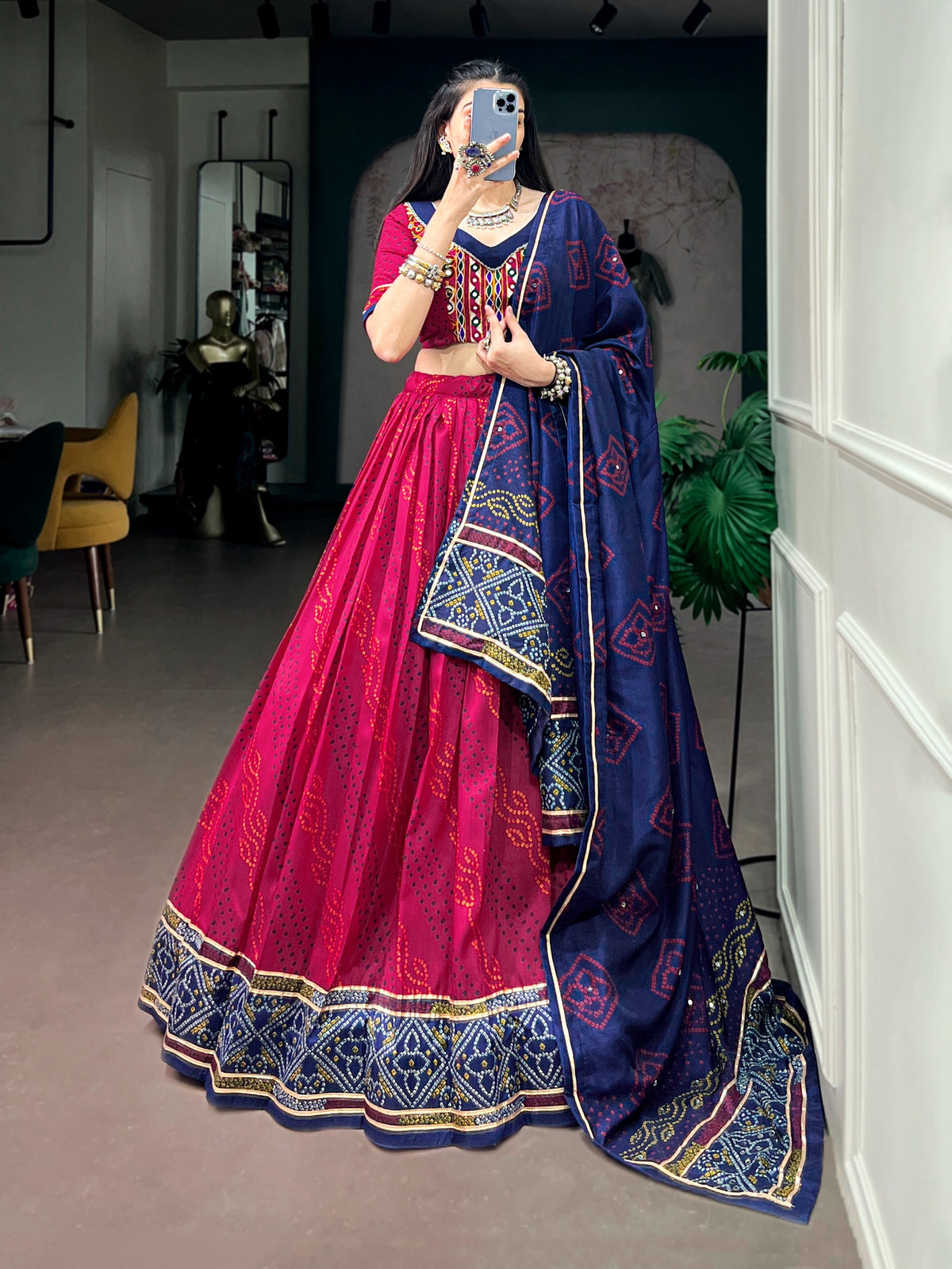 Tasar Silk traditional Bandhej Print lehenga with Gotta Patti Lace(NON-STORE)