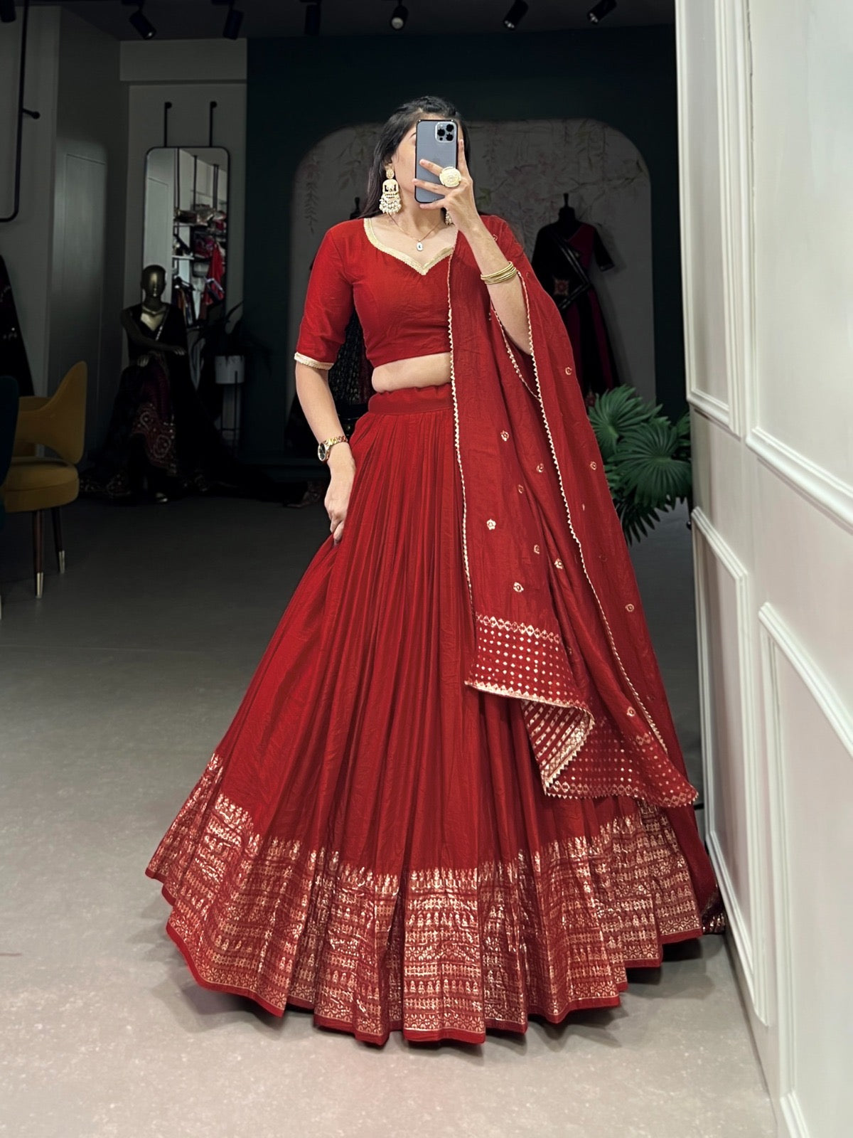 Pure Chanderi Plain Lehenga with Intricate Zari Work Border, Accompanied by Sequin Embellished Dupatta