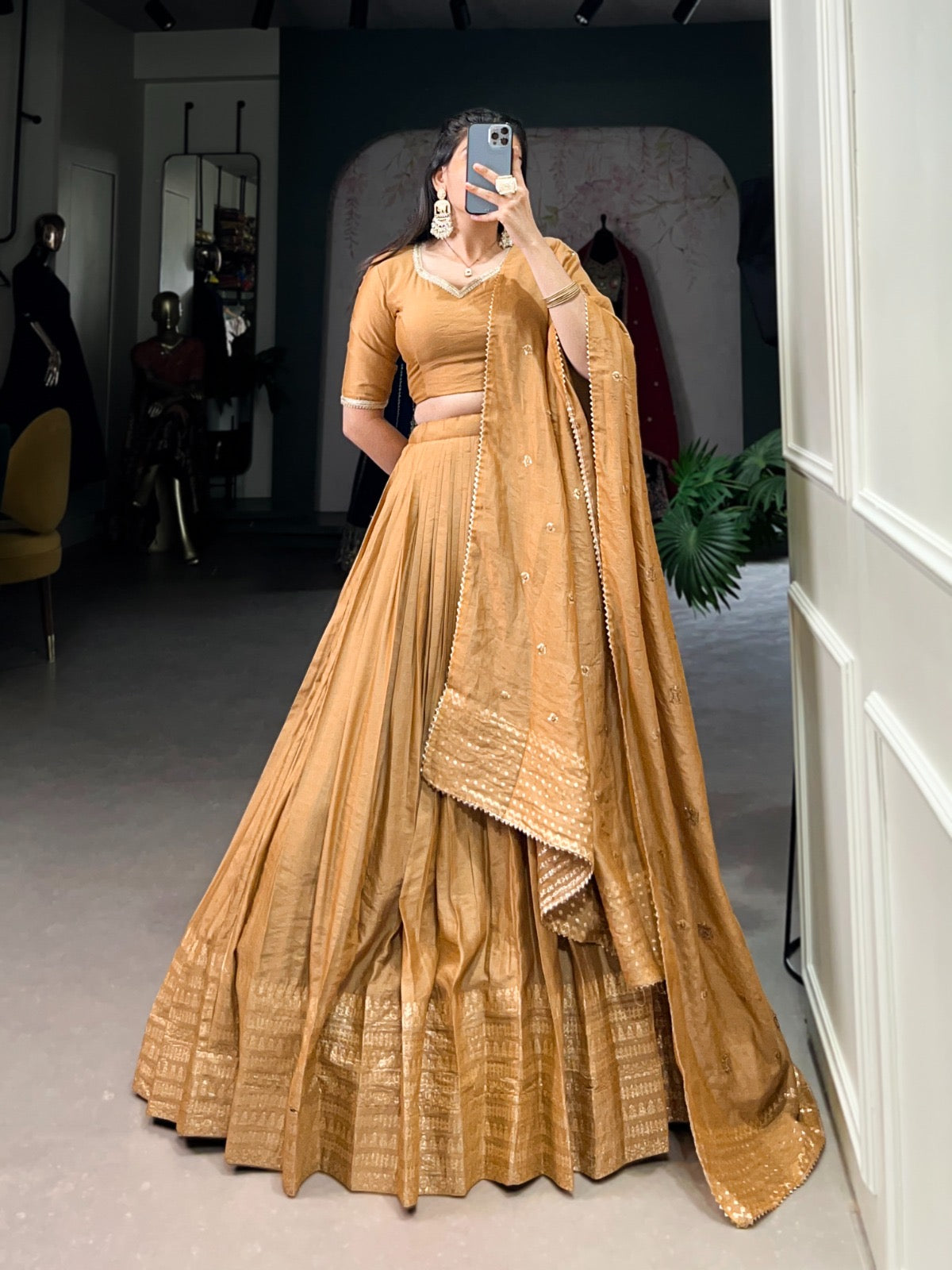 Pure Chanderi Plain Lehenga with Intricate Zari Work Border, Accompanied by Sequin Embellished Dupatta