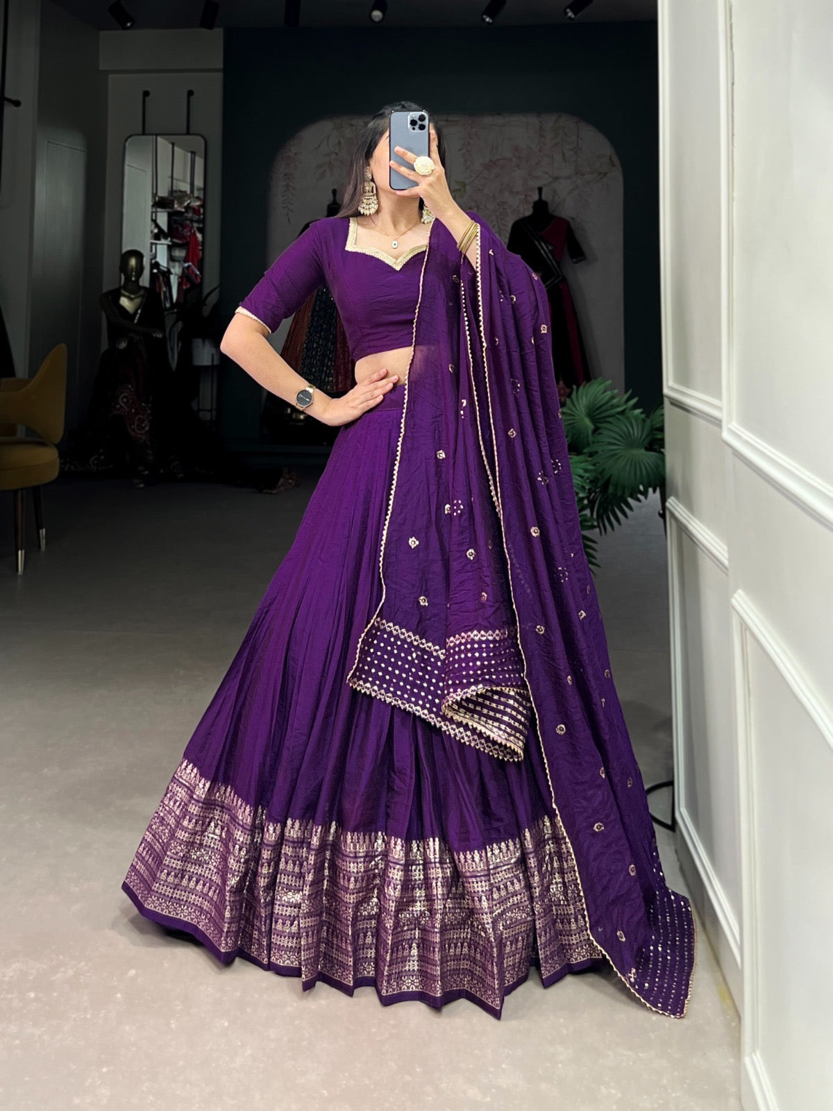Pure Chanderi Plain Lehenga with Intricate Zari Work Border, Accompanied by Sequin Embellished Dupatta