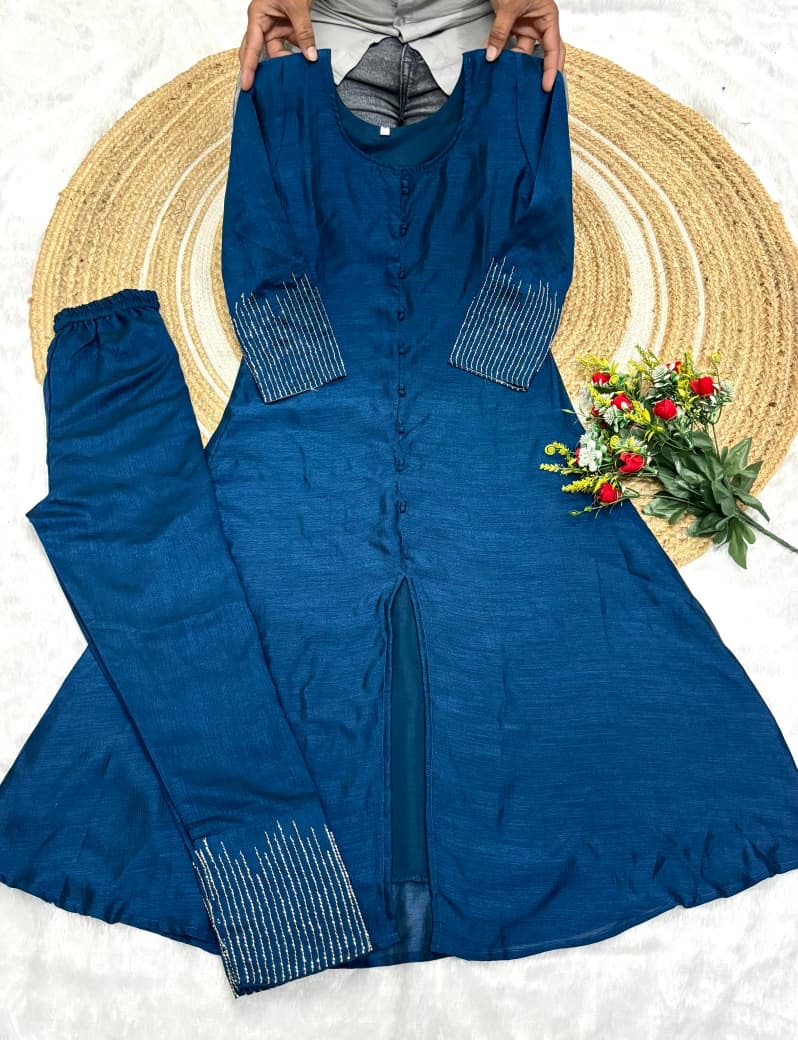 A-line kurta set with beautiful sleeve and pant handwork