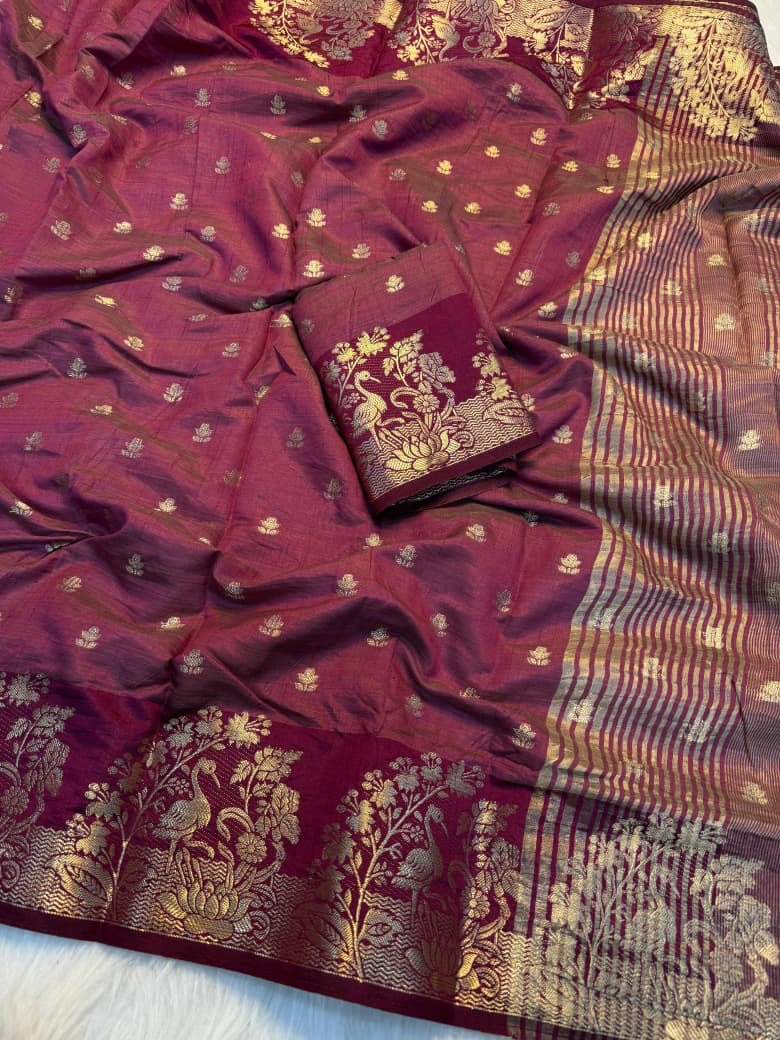 Soft Tusser silk saree with Chit Pallu Saree With Running Blouse