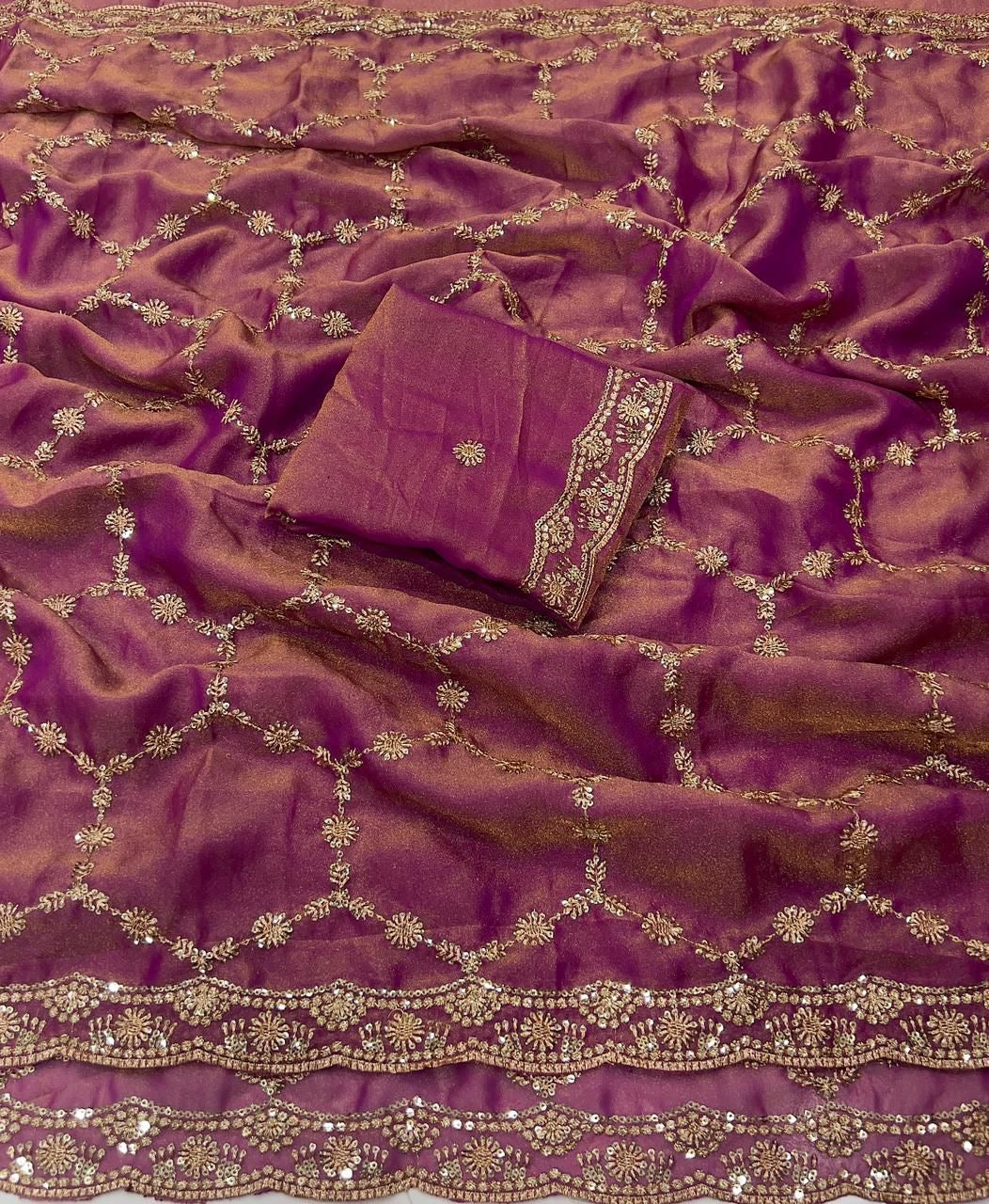 NC Moss Sattin Dual Shad Multi Sequence Emrodairy Work Saree With Running Blouse