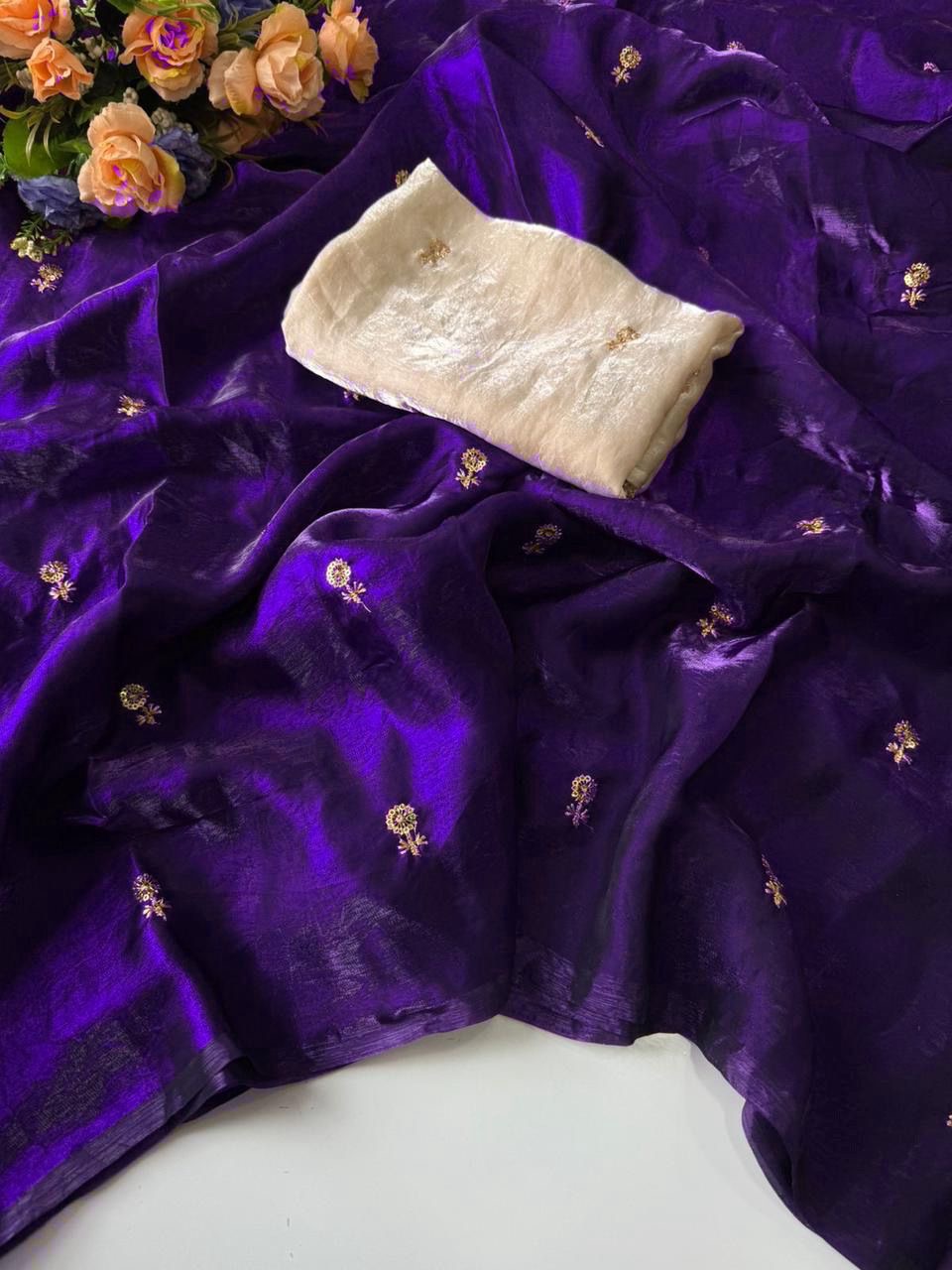 Fendy Sattin Multi Sequence Emrodairy Work With Contrast Running Blouse