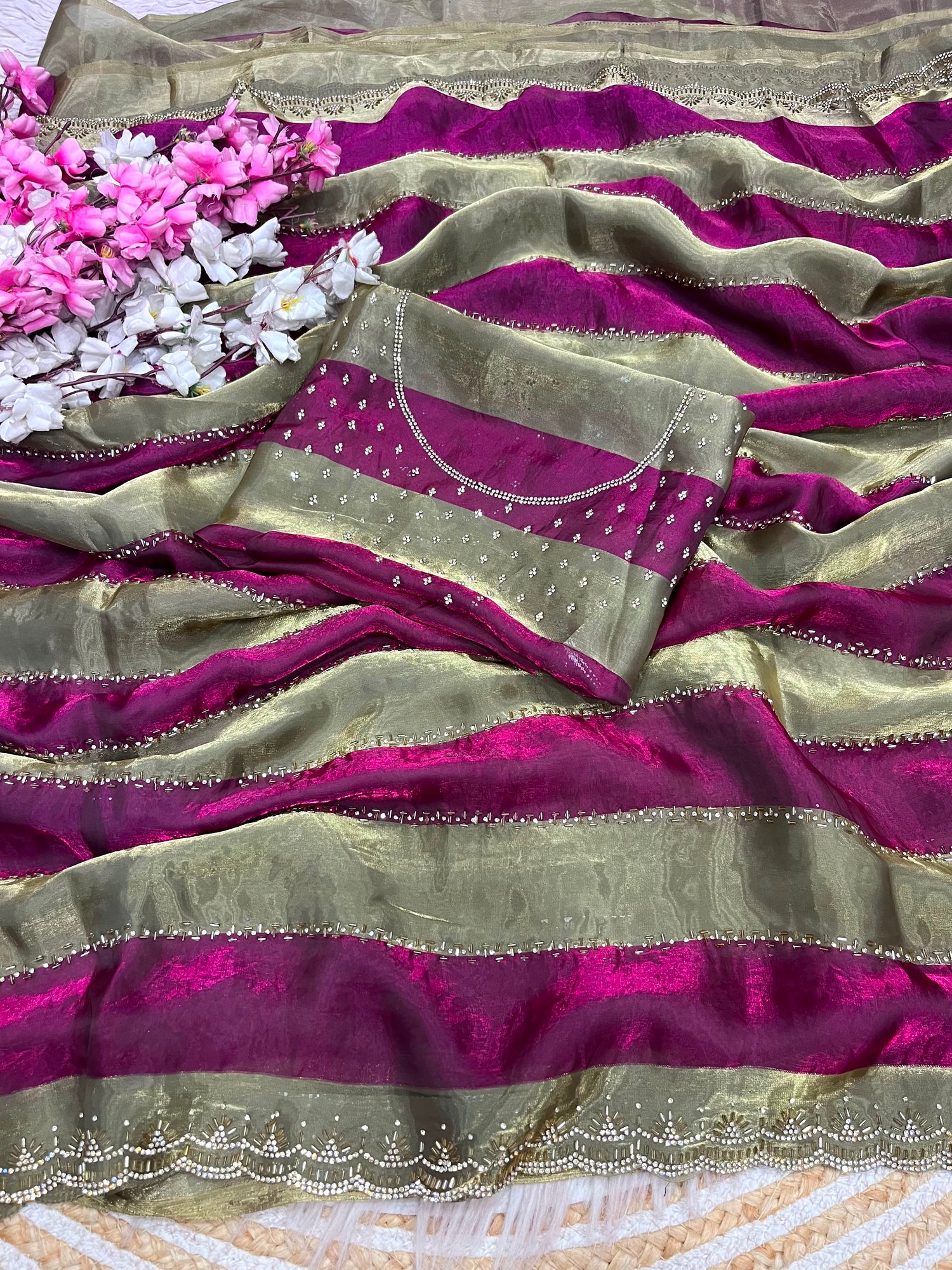 Space soft Silk Blooming With Beautiful jarkhan Work With Siroski Work(NON-STORE)