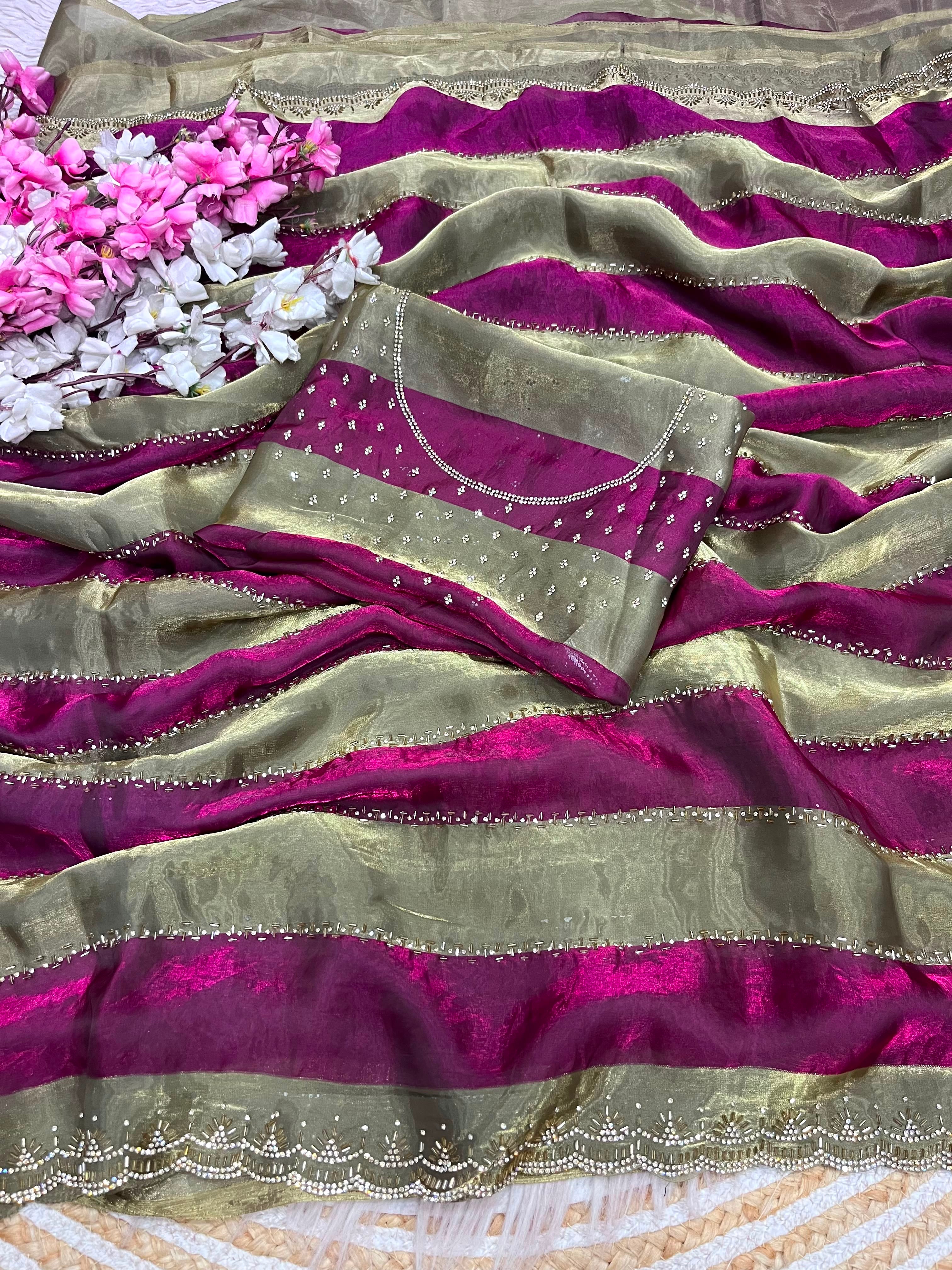 Space soft Silk Blooming With Beautiful jarkhan Work With Siroski Work(NON-STORE)