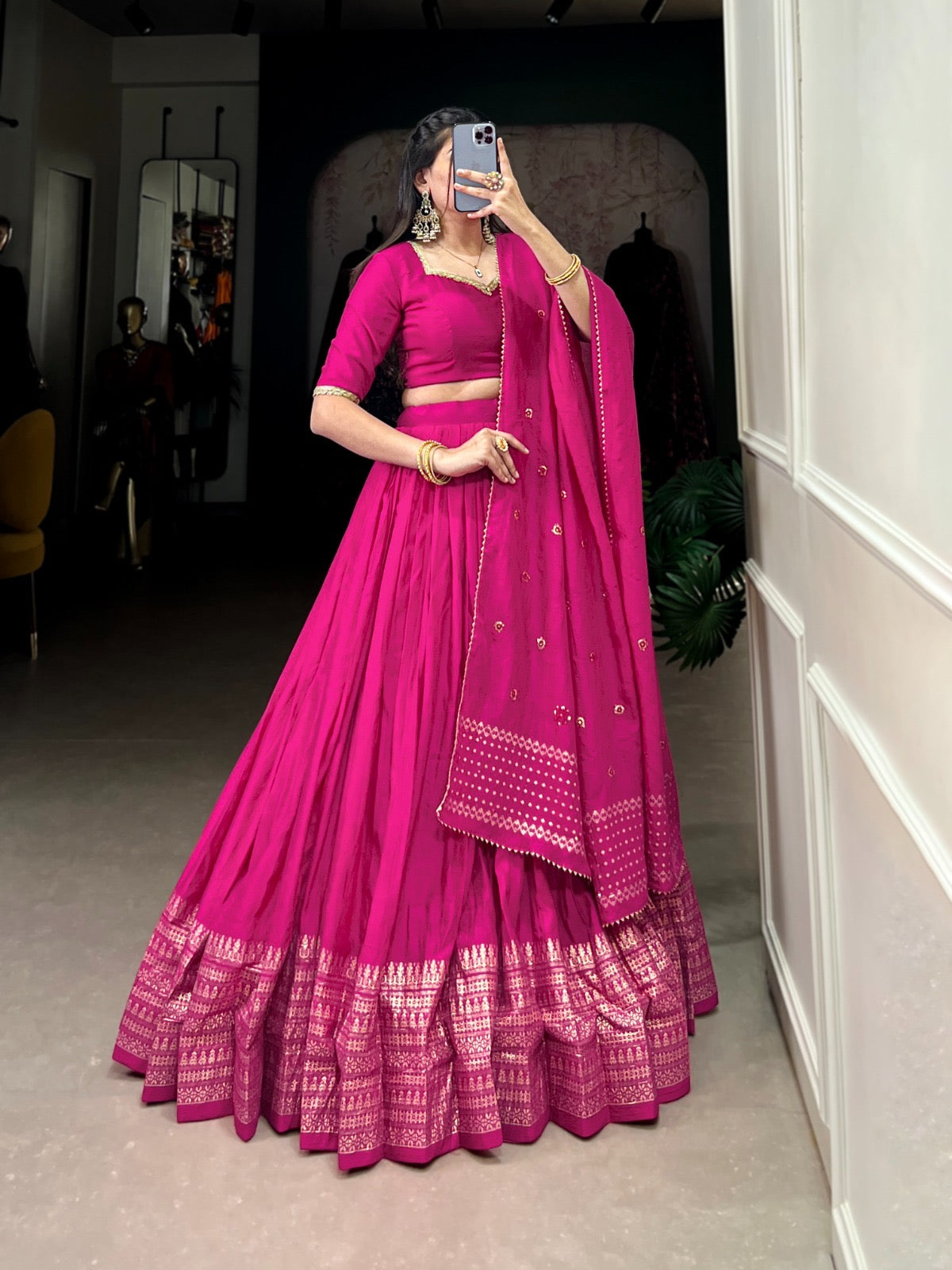 Pure Chanderi Plain Lehenga with Intricate Zari Work Border, Accompanied by Sequin Embellished Dupatta
