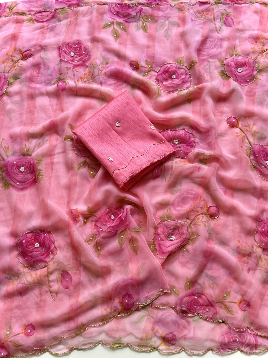 Soft Georgette with floral print with Beautiful katana handwork(NON-STORE)