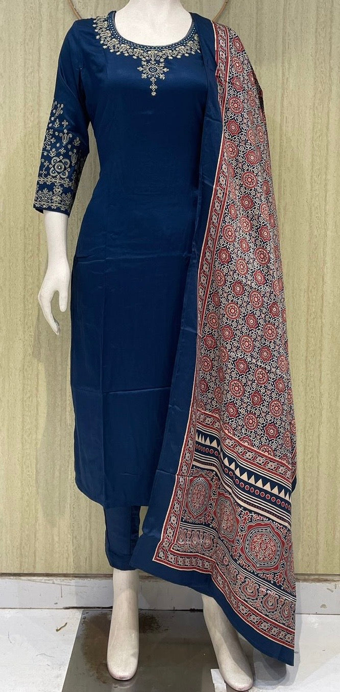 Premium Pure Dola silk 3 piece set with ajrakh design dupatta