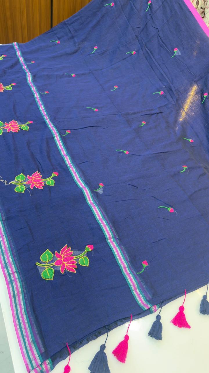 Mul cotton with thread embroidery sarees
