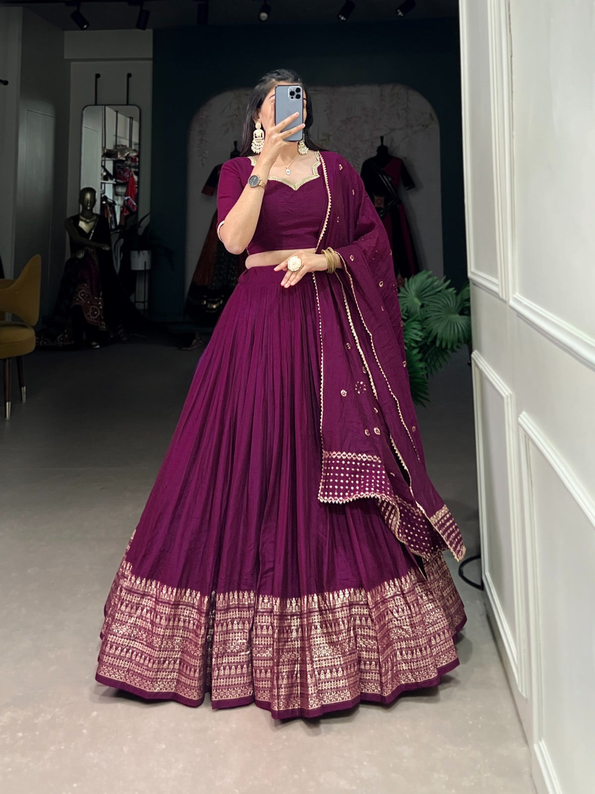 Pure Chanderi Plain Lehenga with Intricate Zari Work Border, Accompanied by Sequin Embellished Dupatta