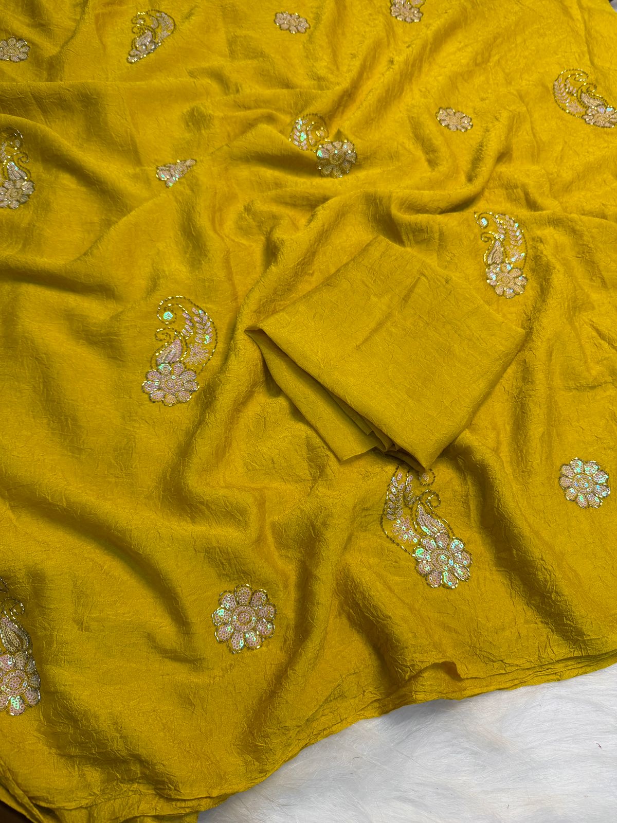 Soft crush silk embroidery and cut Dana work saree with plain running blouse(Non-Store)