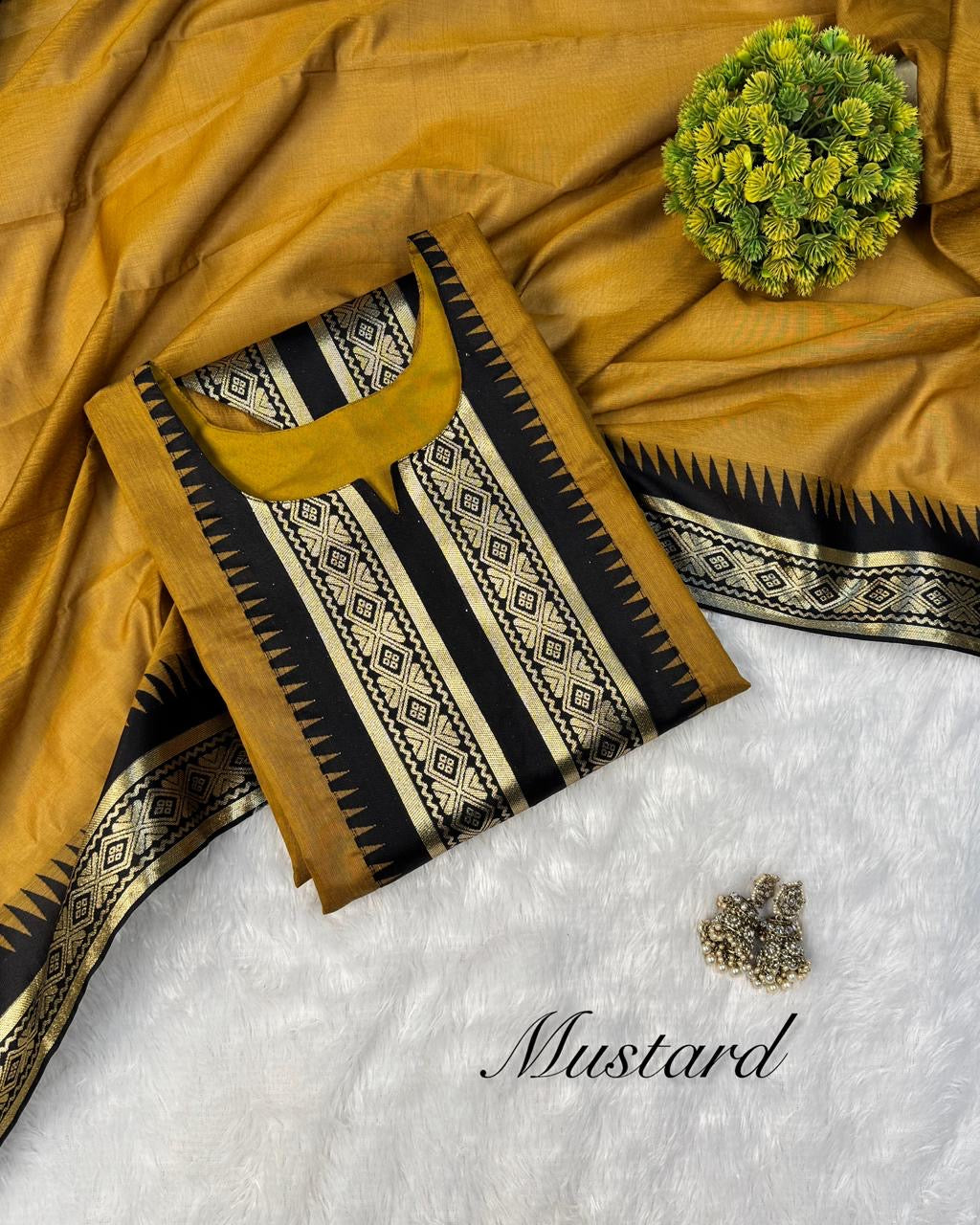 pure silk cotton Kurti set with zari kanchi border work and beautiful contrast zari weaving dupatta